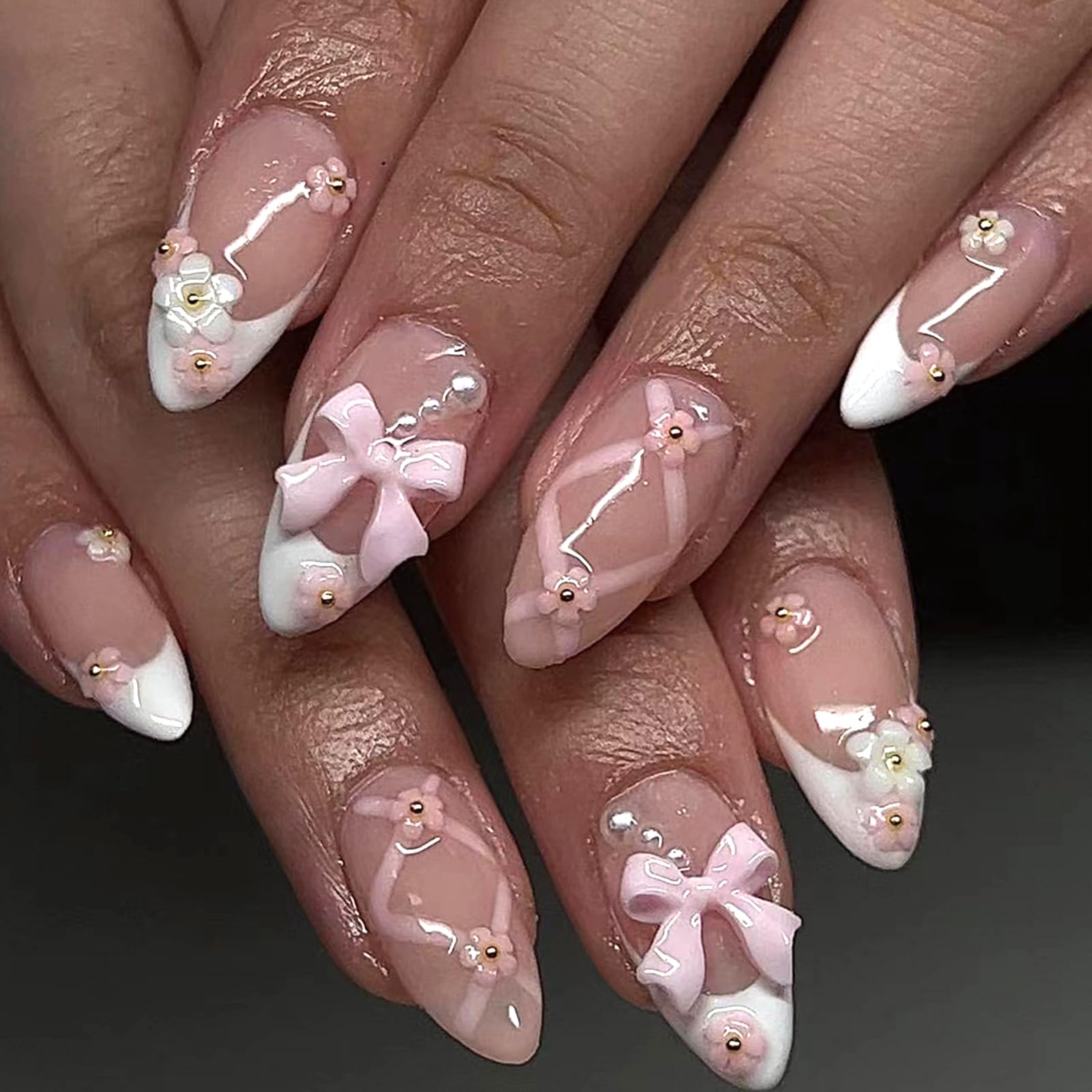White French Tip Press on Nails Short Almond Fake Nails with Bow Pearl Flower Charm Designs Light Pink Full Cover Glue on Nails Press ons Cute Acrylic
