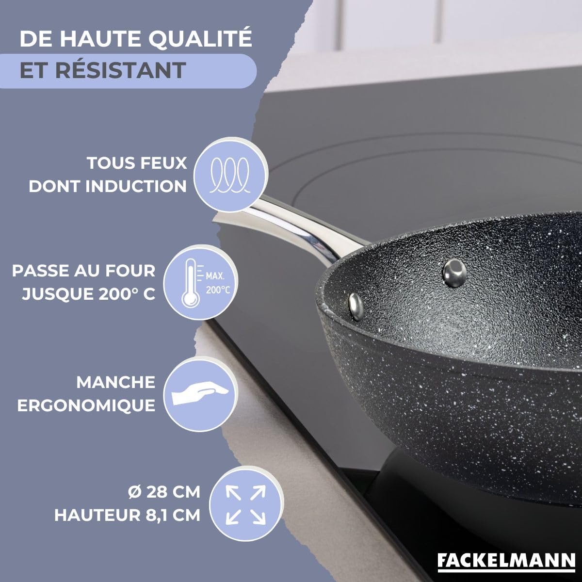 Fackelmann Poêle wok Crossroad Ø 28 cm – En aluminium forgé, revêtement céramique, sans PFAS – Résistant à la chaleur jusqu'à +200 °C – Pour tous types de plaques de cuisson