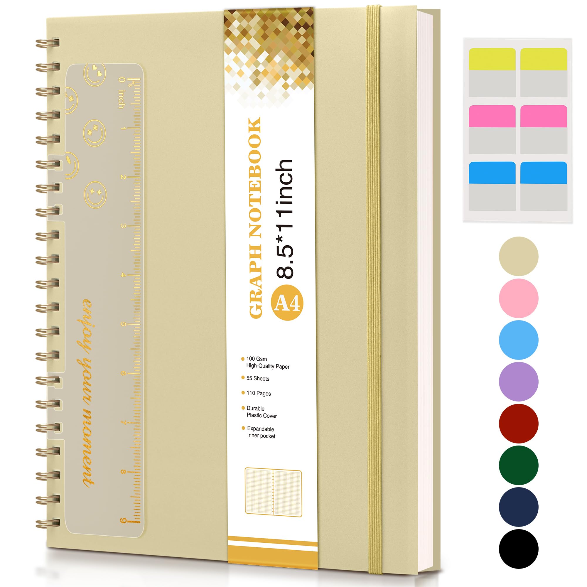 Graph Paper Notebook, Spiral Notebook Journal 8.5” x 11”, A4 Large Grid Notebooks for Women Men, 100 GSM Graph Paper, Plastic Hardcover Spiral Graphing Journals for Work School Engineerin, Yellow