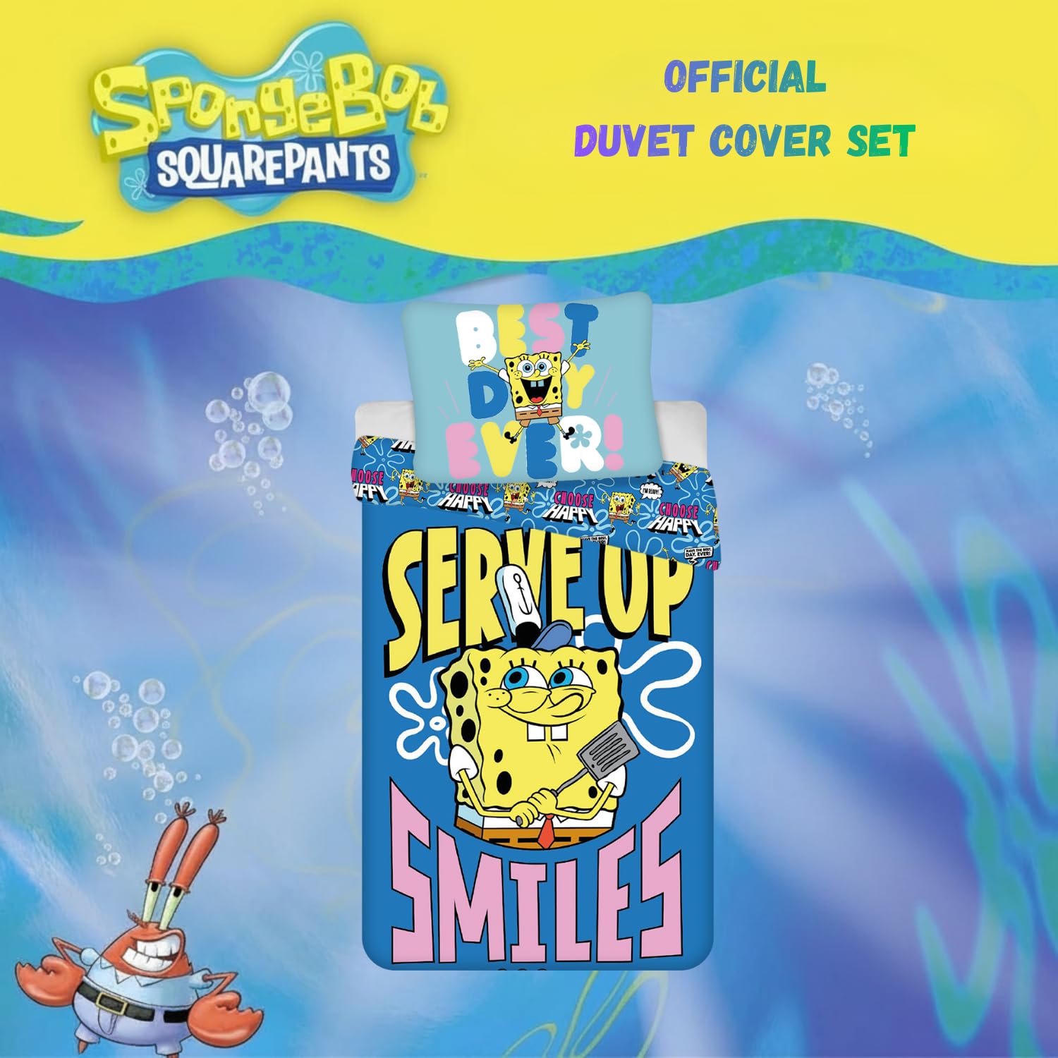 Set di Biancheria da Letto SpongeBob SquarePants 100% Cotone | Copripiumino per Letto Singolo per Bambini 140x200 cm + Federa 60x65 cm | Stampa Cartone Animato "Serve Up Smiles" | Morbido e