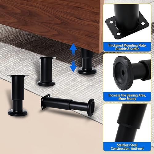 Miniatura 5 de Olldag 4 patas de soporte de muebles de altura ajustable con tornillos de 3.15 a 4.72 pulgadas, patas de repuesto de metal resistente para