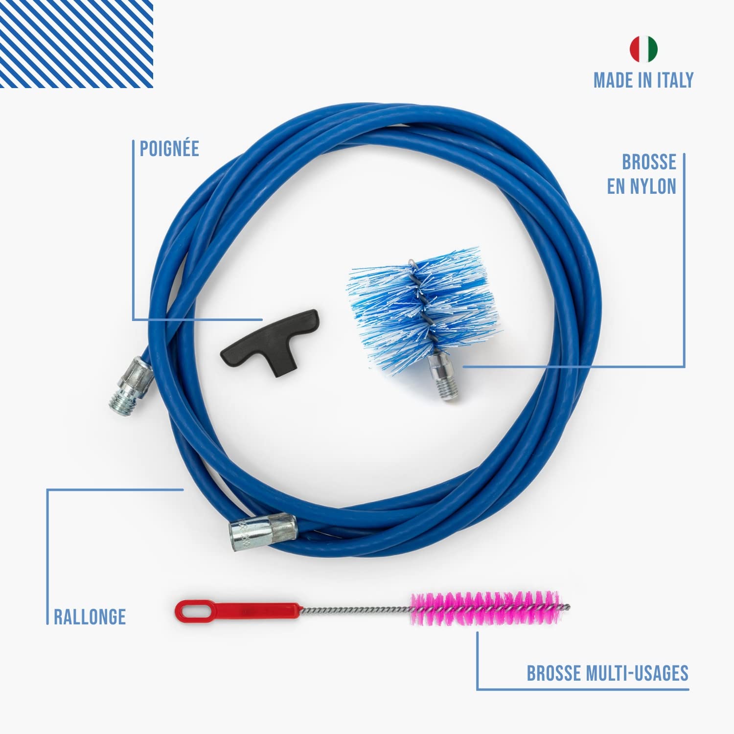 BARETTO | Kit de ramonage poêle à granulés | Conduit de fumée Ø 80 mm | Longueur 3 m | Hérisson en Nylon | Raccord M12 - 2