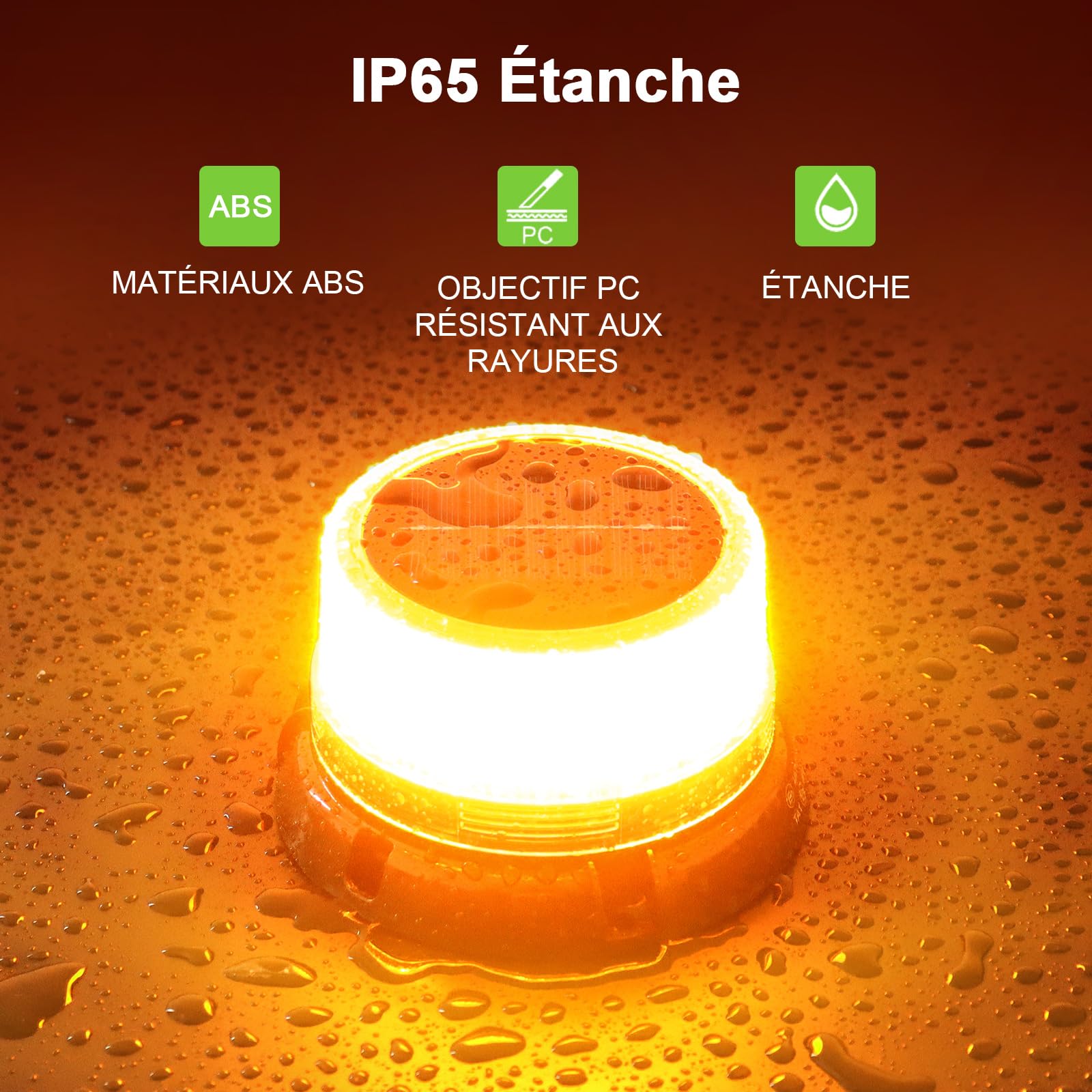 Gyrophare LED Orange sans Fil, Feu d'Avertissement Rechargeable | Socle Aimanté, Panneau Solaire, Étanche IP65, pour Tracteur, Camion et Chantier, 2 Modes Flash
