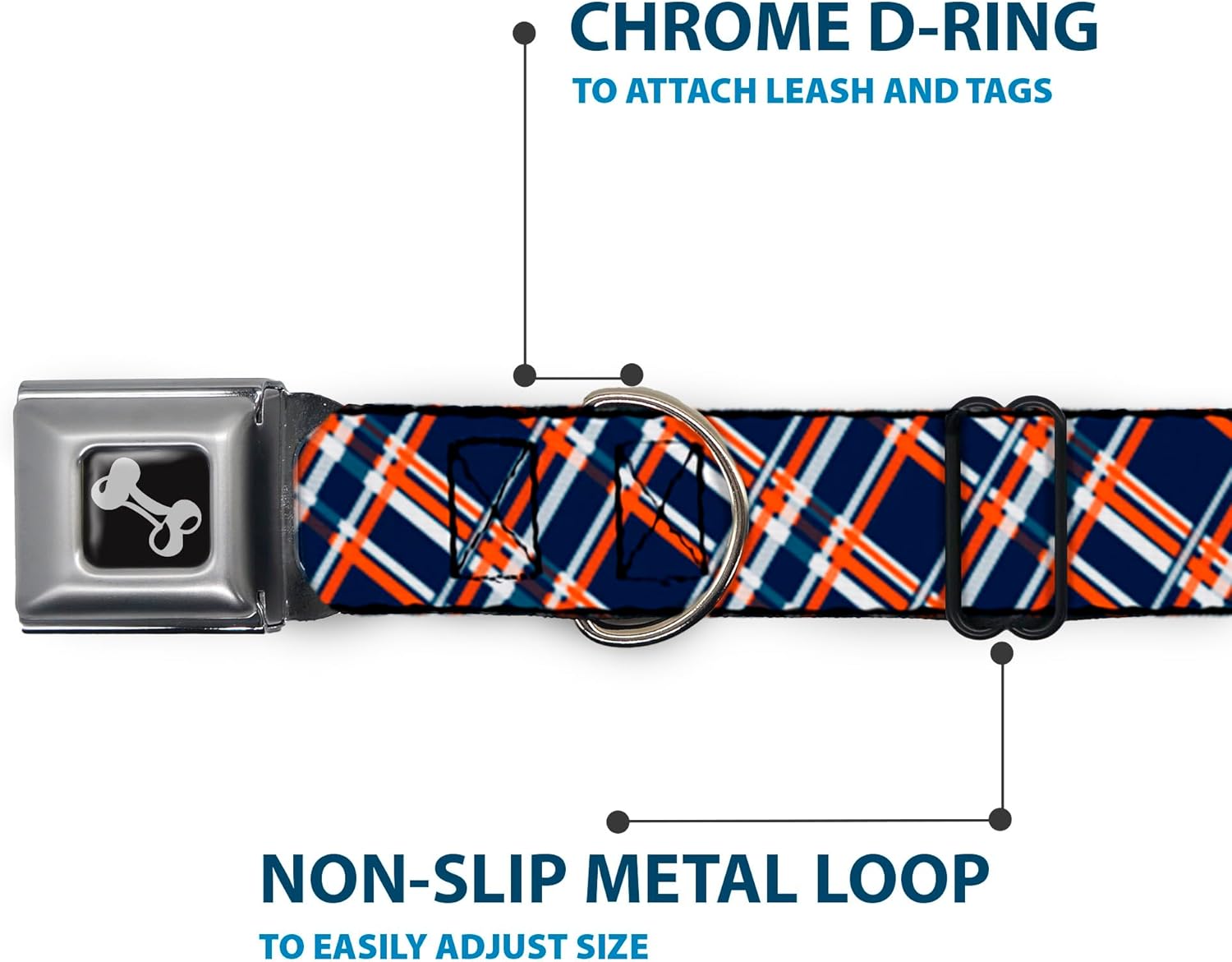 Dog Collar Seatbelt Buckle Plaid X3 Navy Orange White 15 to 26 Inches 1.0 Inch Wide