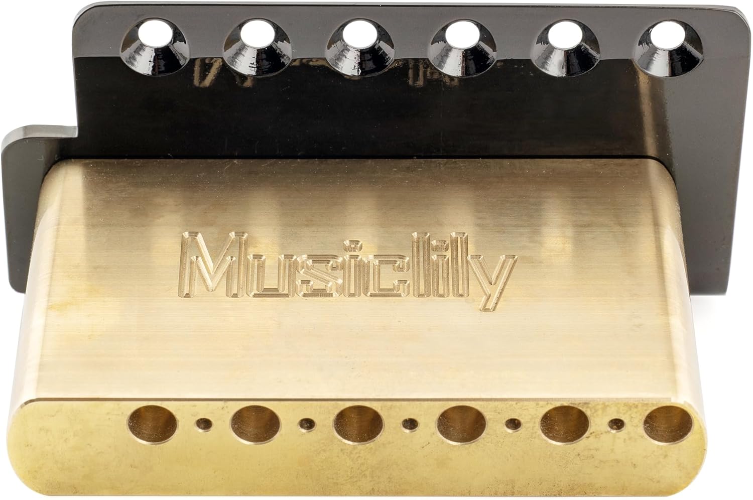 Musiclily Ultra 52.5mm (2-1/16 inch) American Vintage Style 6-Screw ST Tremolo Bridge with Modern Brass Saddles 42mm Solid Brass Block Push-In Arm for Strat Style Electric Guitar, Black