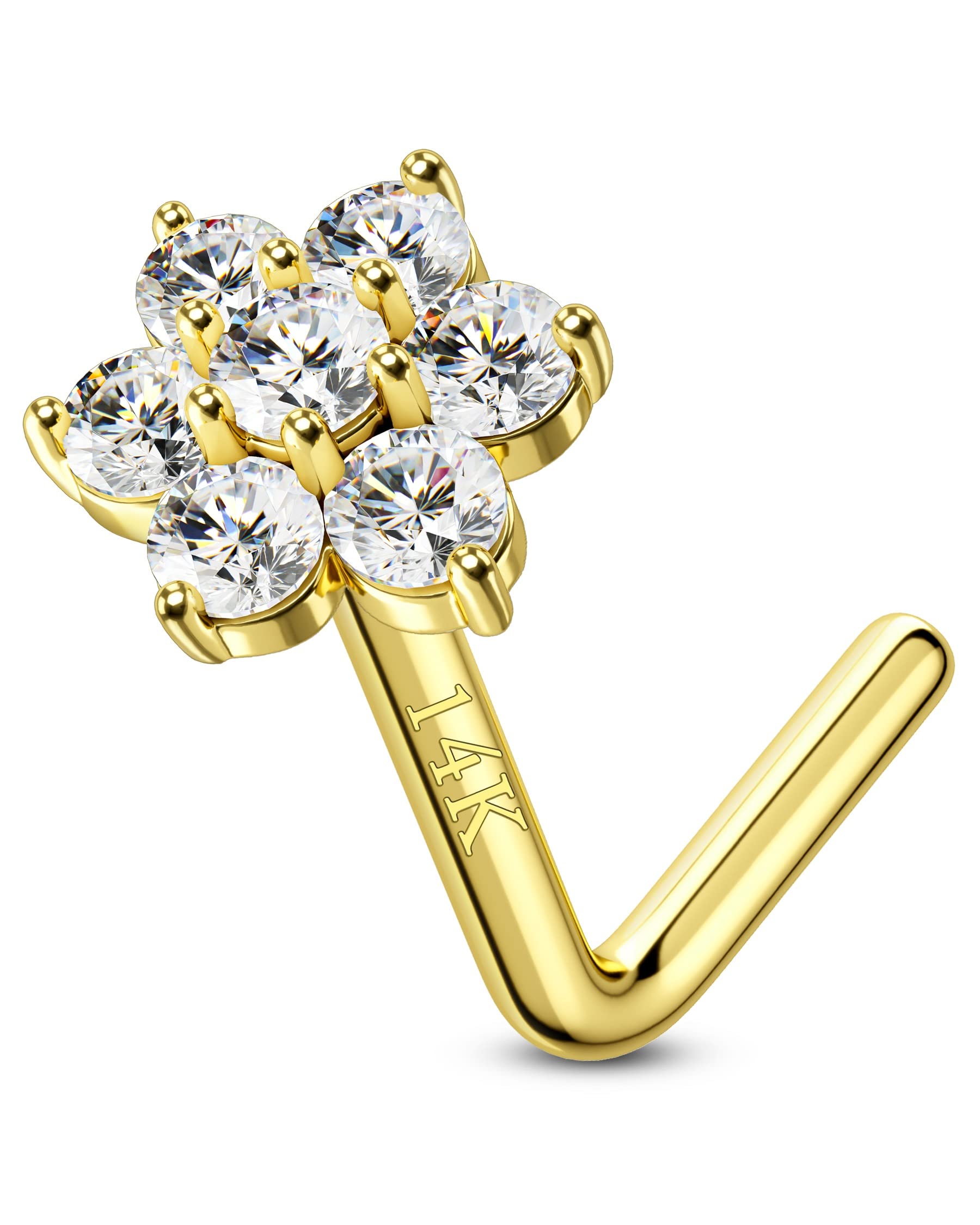CM Crareesi Mania Oro Giallo Massiccio 14 Carati Anello Naso Piercing con Zirconia Cubica Diamante, Calibro 20, 6 mm, 7 grams, Gioielli in Vero Oro Giallo per Donne e Uomini