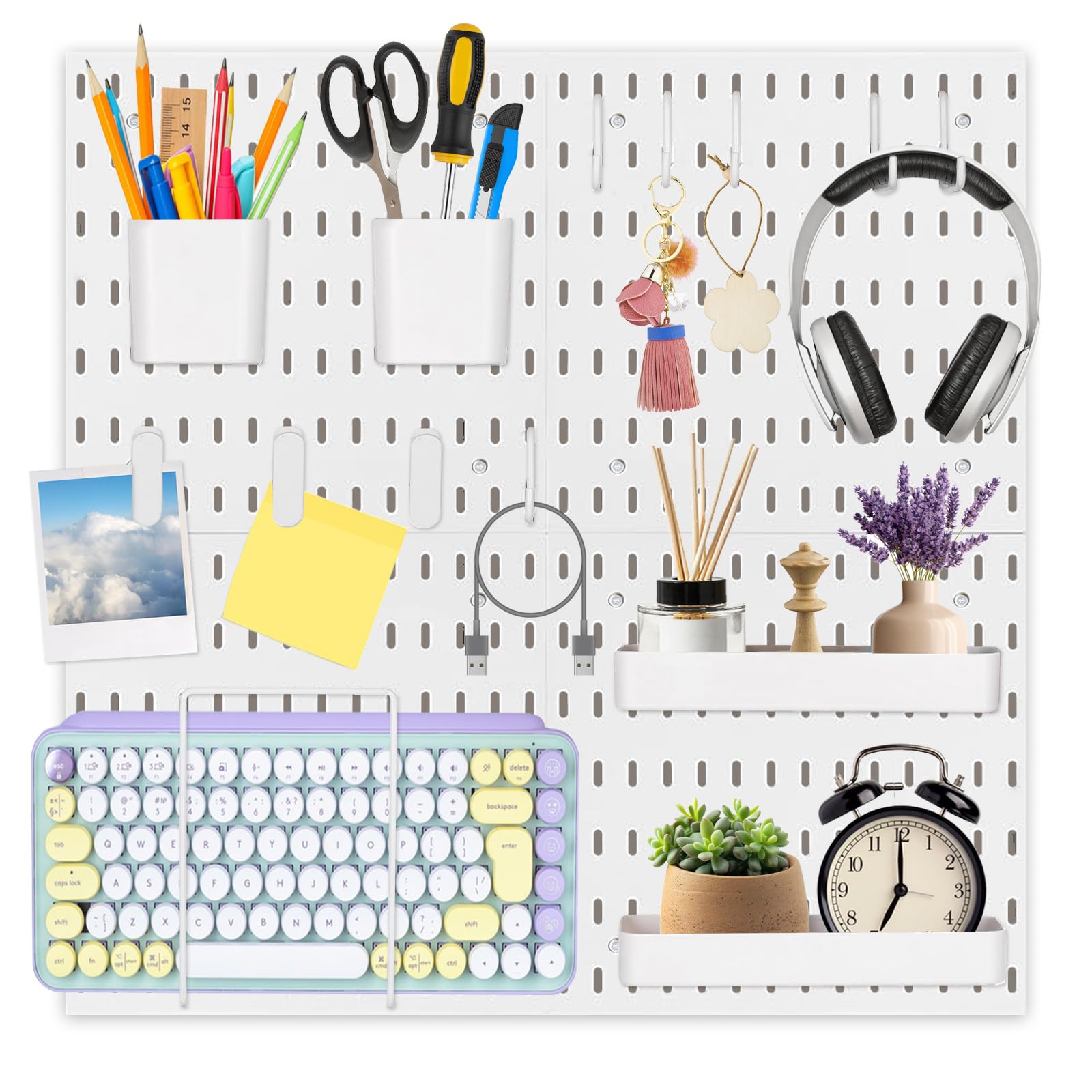 Stecktafel-Kombinationsset, Kunststoff Stecktafel Set, Werkzeugwand mit 4 Stecktafeln (28x28cm) + 36 Zubehör für Aufräumen und Organisieren, Weiß Wand Organizer für Küche, Wohnzimmer, Büro