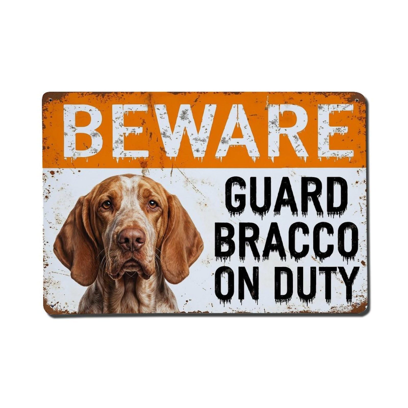 Vintage Funny Bracco Guard Beware of Dog Cabin Metal Tin Sign Plaque Wall Decor for Cafe, Club Bar, Office, Garden Metal Poster 8x12Inch