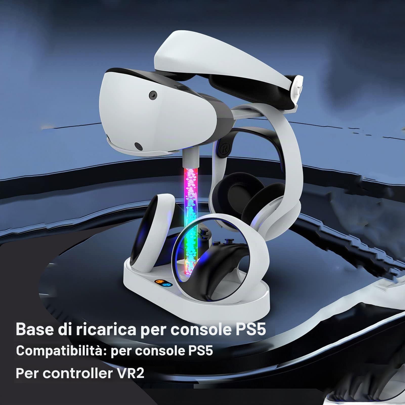 Base di Ricarica Magnetica per VR2 Vontroller e per Console Stazione di Ricarica Rapida USB RGB con Supporto per Cuffie, Supporto di Ricarica PS VR2 Sense con 4 Ventose