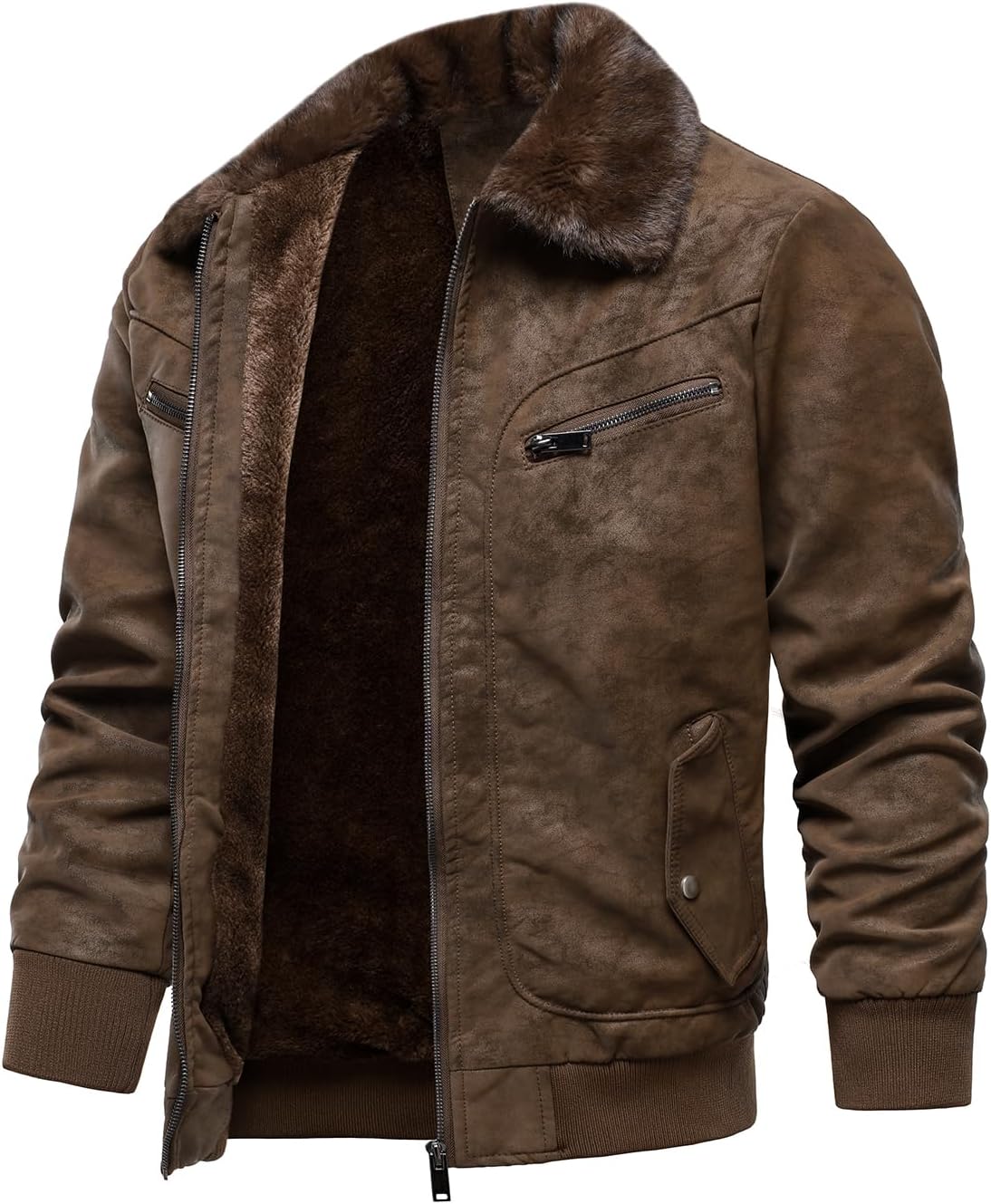 HOOD CREW Men’s Faux Fur Flight Bomber Jacket Vintage Winter Coats Fleece Lined Leather Jackets - Image 4