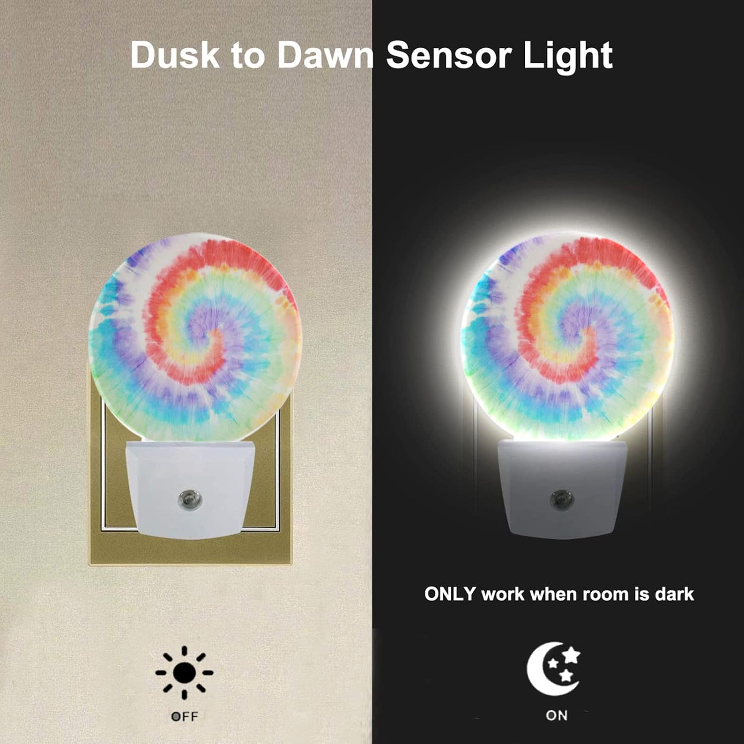 EKOBLA Tie Dye Night Light, Rainbow Spiral Colorful Night Lights Plug Into Wall with Auto Sensor for Bedroom and Bathroom image 2