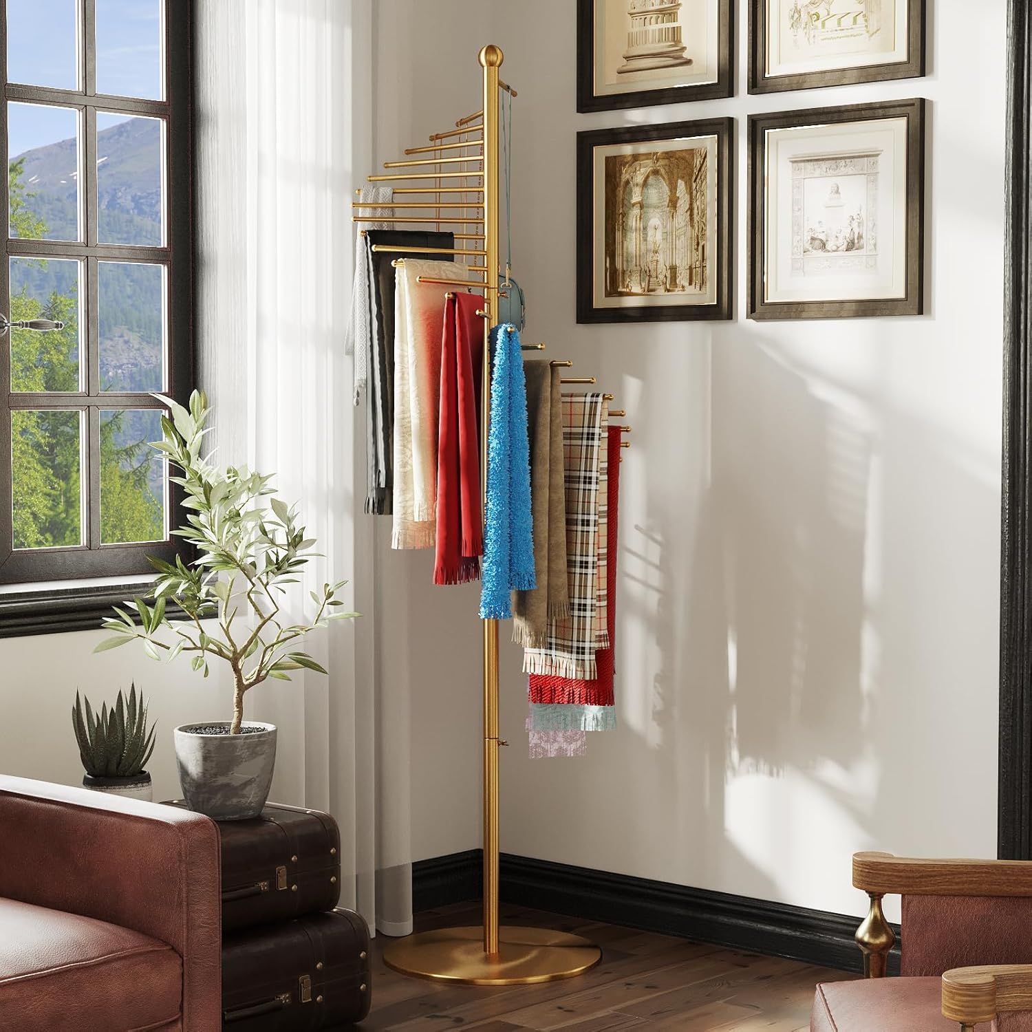 Kommerzieller Schalständer aus Metall, 170 cm x 42 cm (Color:gold) | Spiral-Schalhalter mit 30 Kleiderstangen – Platzsparender Organizer für Krawatten, Gürtel, für Boutiquen & Zuhause