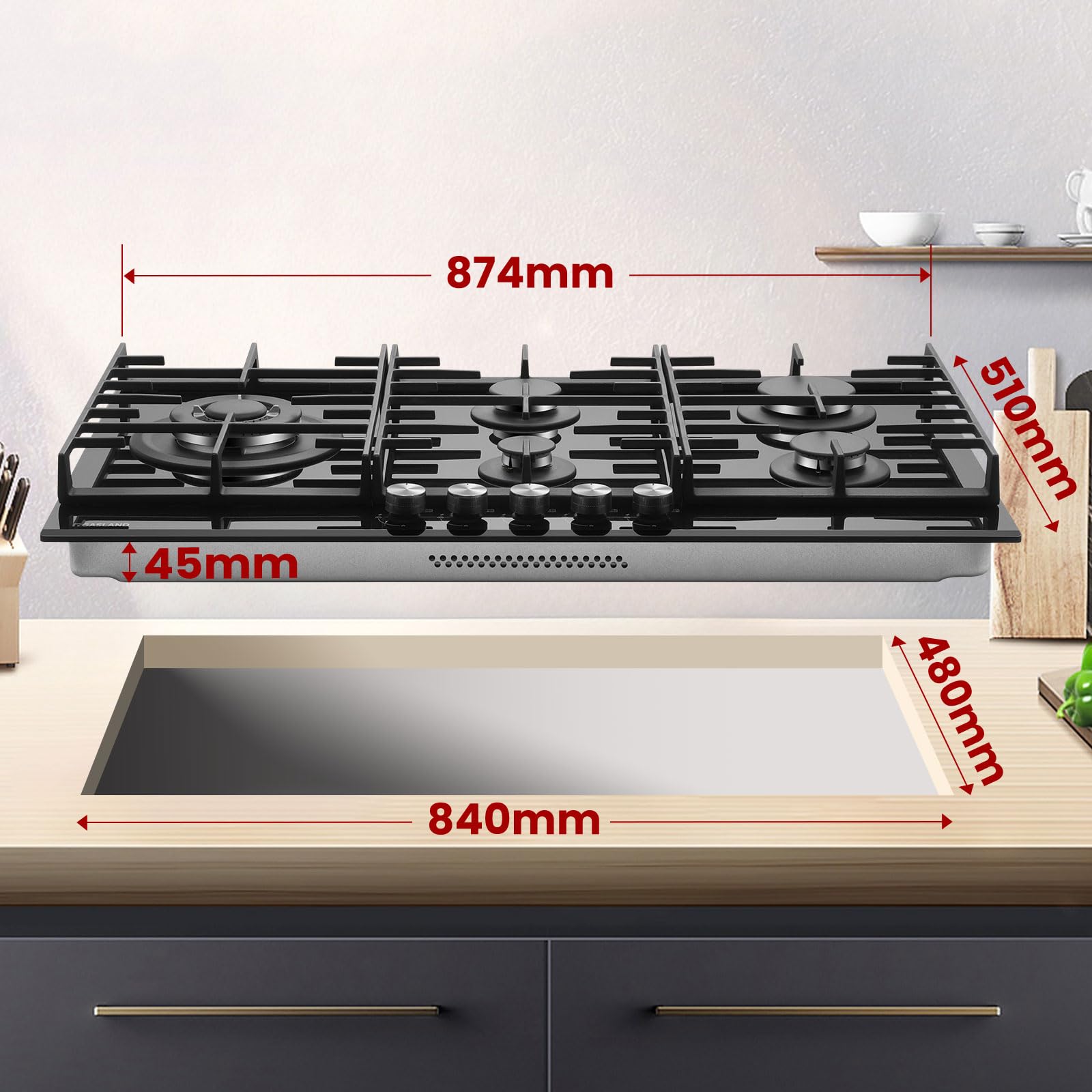 GASLAND GH2905BG1FC Table de cuisson à gaz 5 feux, Cuisinière à gaz avec brûleur wok, Table de cuisson à gaz encastrable, 87 cm noir vitrocéramique, Cuisinière à gaz avec 2 supports, 10400W