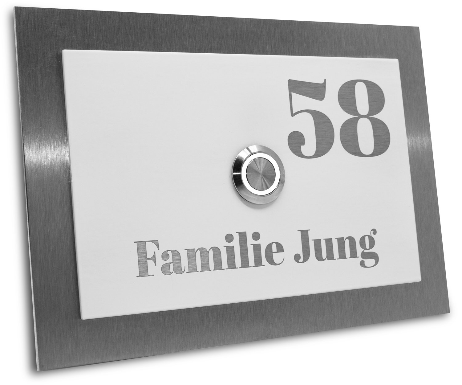 Edelstahl Klingelplatte Boston 002 Größe 170 X 120 X 4,5 mm Dekoplatte weiß RAL 9016 Pulverbeschichtet Gravur LED Taster (weiß) Edelstahlklingel Haustürklingel Klingel Türklingel