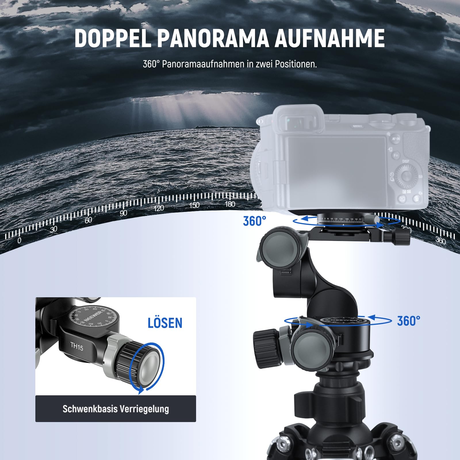 NEEWER TH15 3 Wege Stativkopf mit Getriebe, 3 Achsen Schwenk Neigekopf aus Alu. mit Grob und Feineinstellung, 360°Pan Arca Schnellwechselplatte Millimeter Feineinstellung Reinigungstuch max. Last 6kg