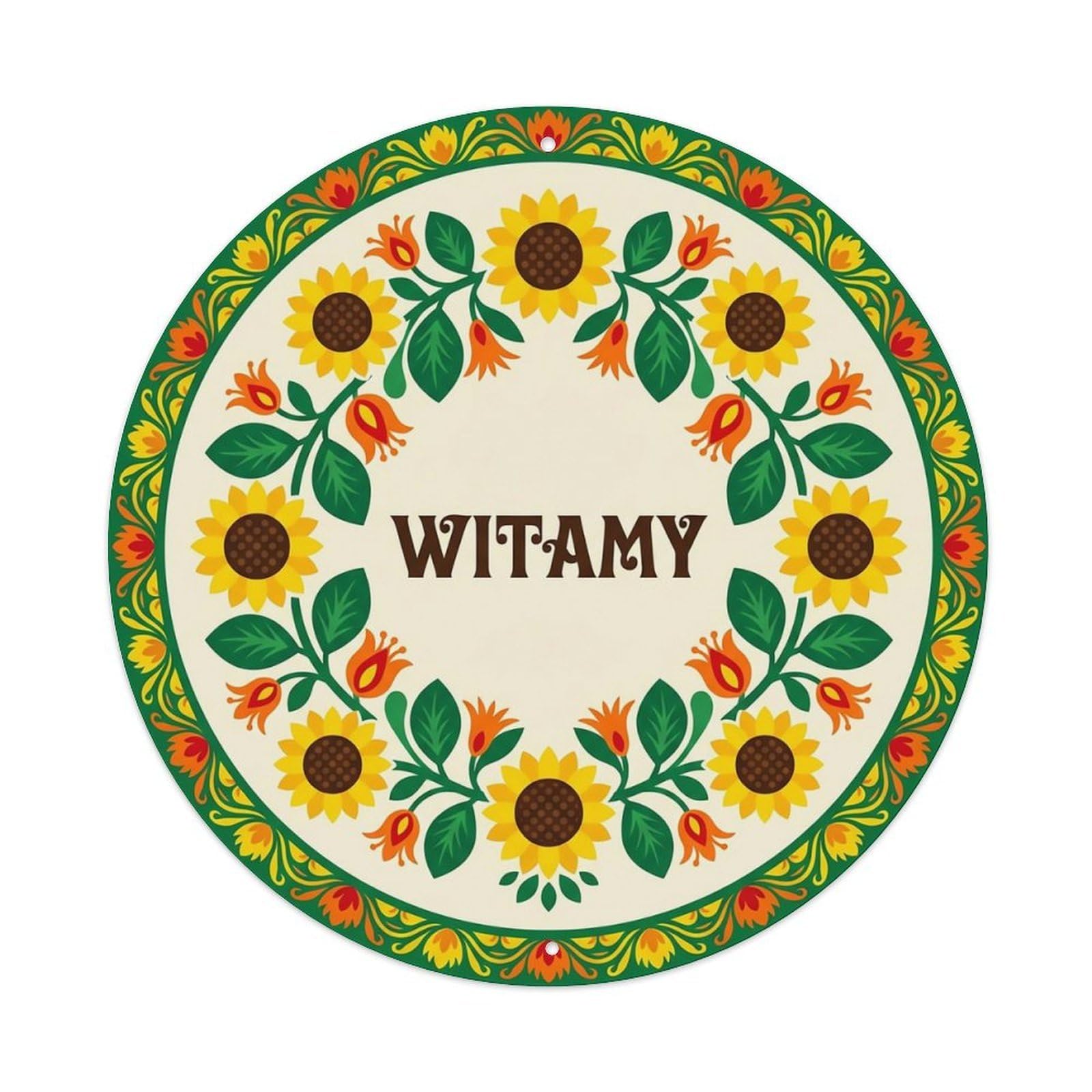 Vintage Polish Folk Art Witamy Welcome Sunflower Field Metal Tin Sign