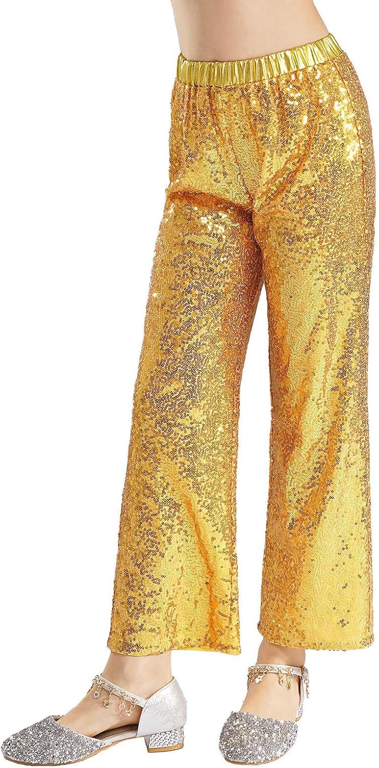 Kids Girls Shiny Metallic Dance Pants Elastic Waistband Trousers for Hip Hop Jazz Performance Competition