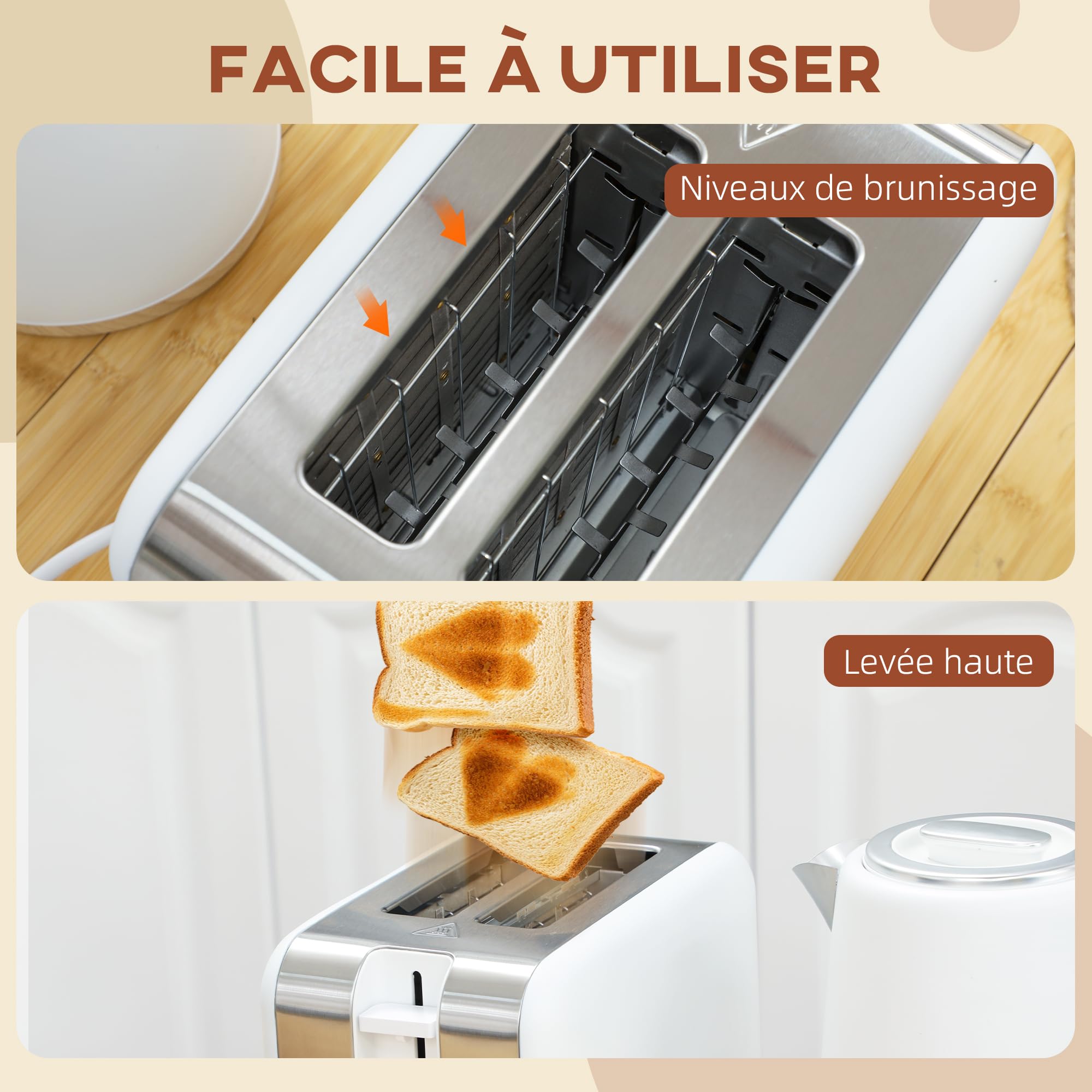 HOMCOM Bouilloire et Grille-Pain 2200W, 1,7 L Acier Inoxydable, 2 Tranches, 7 Niveaux de Brunissage, Blanc