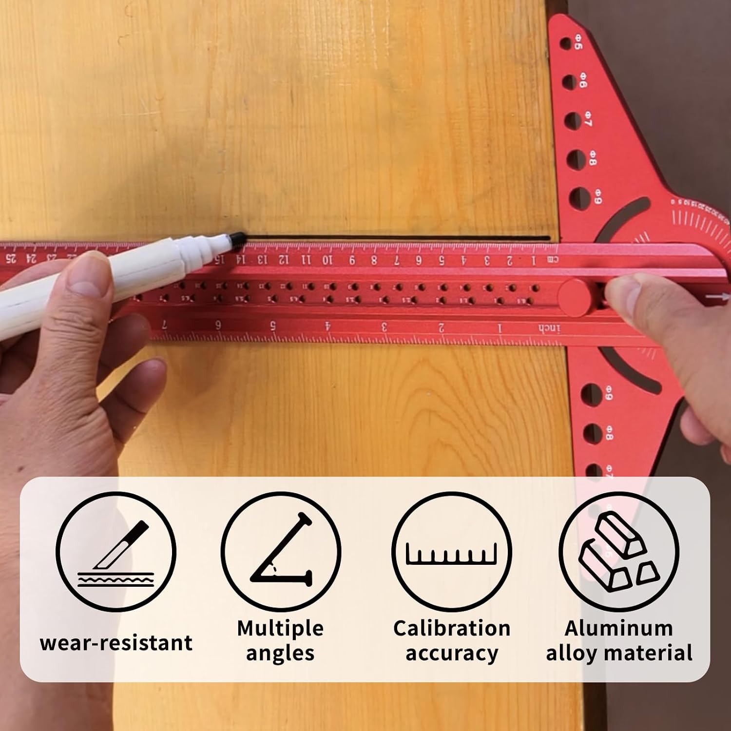 13" Woodworking Scriber Marking Line Ruler with Angle Finder, Adjustable Aluminum Alloy Sliding T-Square Ruler(Red)