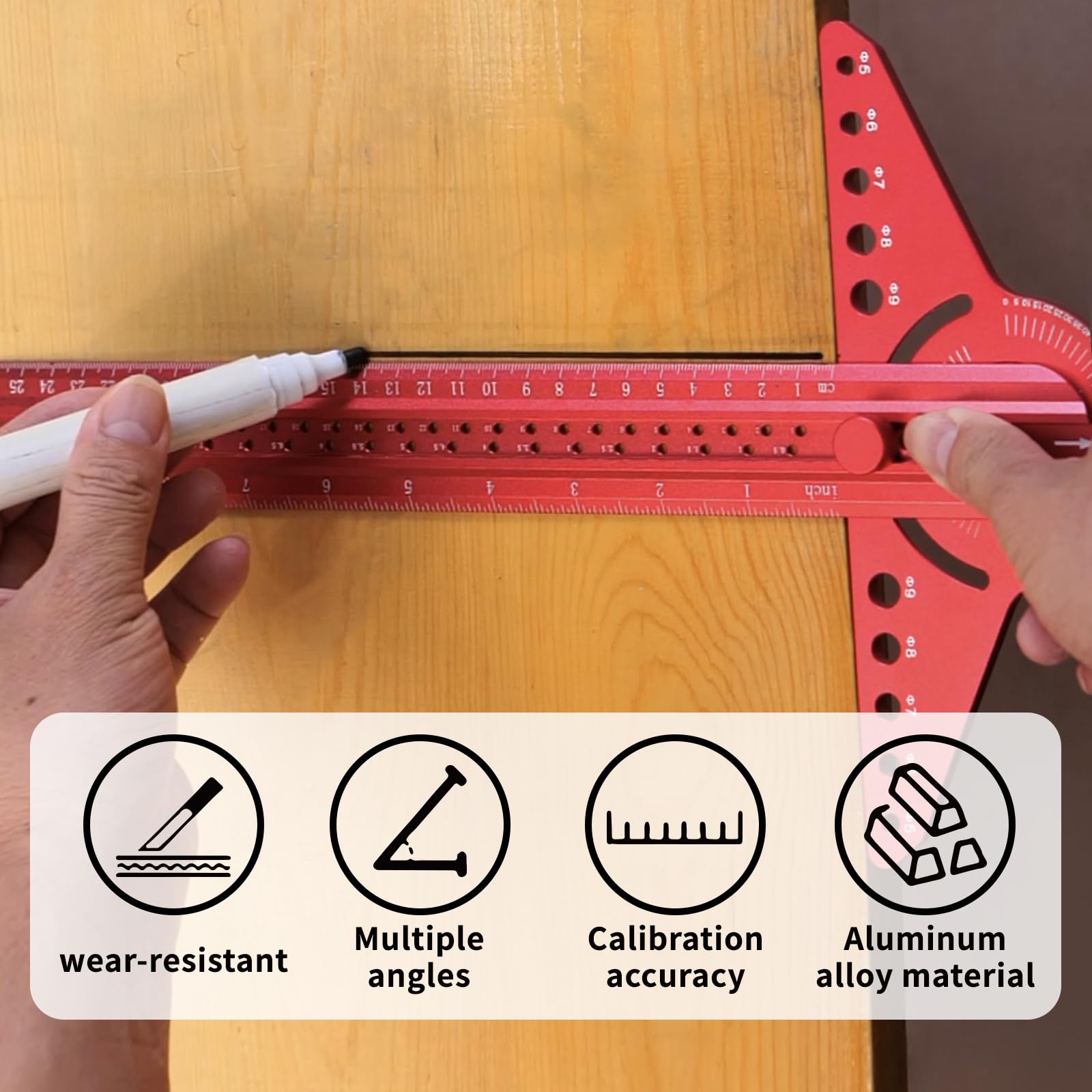 Regla de línea de marcado para carpintería, regla cuadrada deslizante de aleación de aluminio ajustable (rojo)