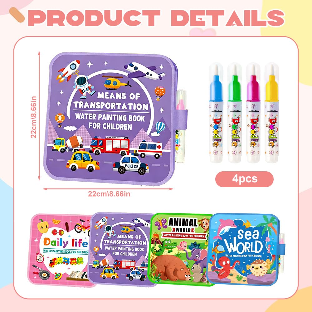 4 Pcs Mess Free Water Painting Book Reusable Coloring Book with Water Pens for Kids Magic Water Drawing Kit with Animal Transportation Daily Life Patterns Aqua Art Sensory Educational Painting Toy - Image 2