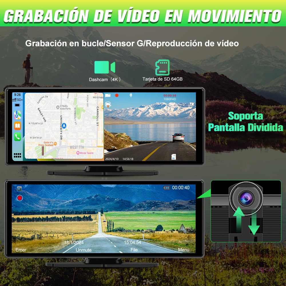 Pantalla Carplay para Coche con CarPlay/Android Auto Inalámbrico, Pantalla Táctil de 10.26 Pulgadas Portátil con Dashcam 4K/Cámara Trasera de HD 1080P/Control por Voz/Bluetooth/Mirror Link