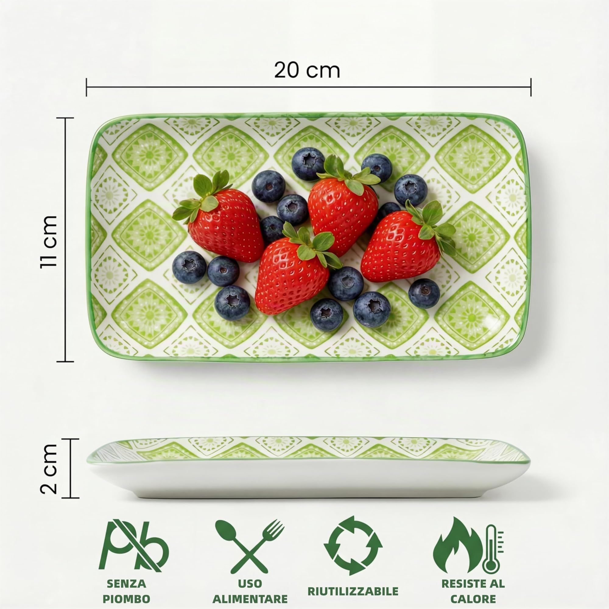 Piatti Servizio Ceramica Piatto Rettangolari - Set Piatti Colorati Design Porcellana - Piccoli Piatti Dessert | Sushi | Aperitivo | Dolce - Adatto per Microonde e Lavastoviglie - 20 x 11 cm - Set da 6