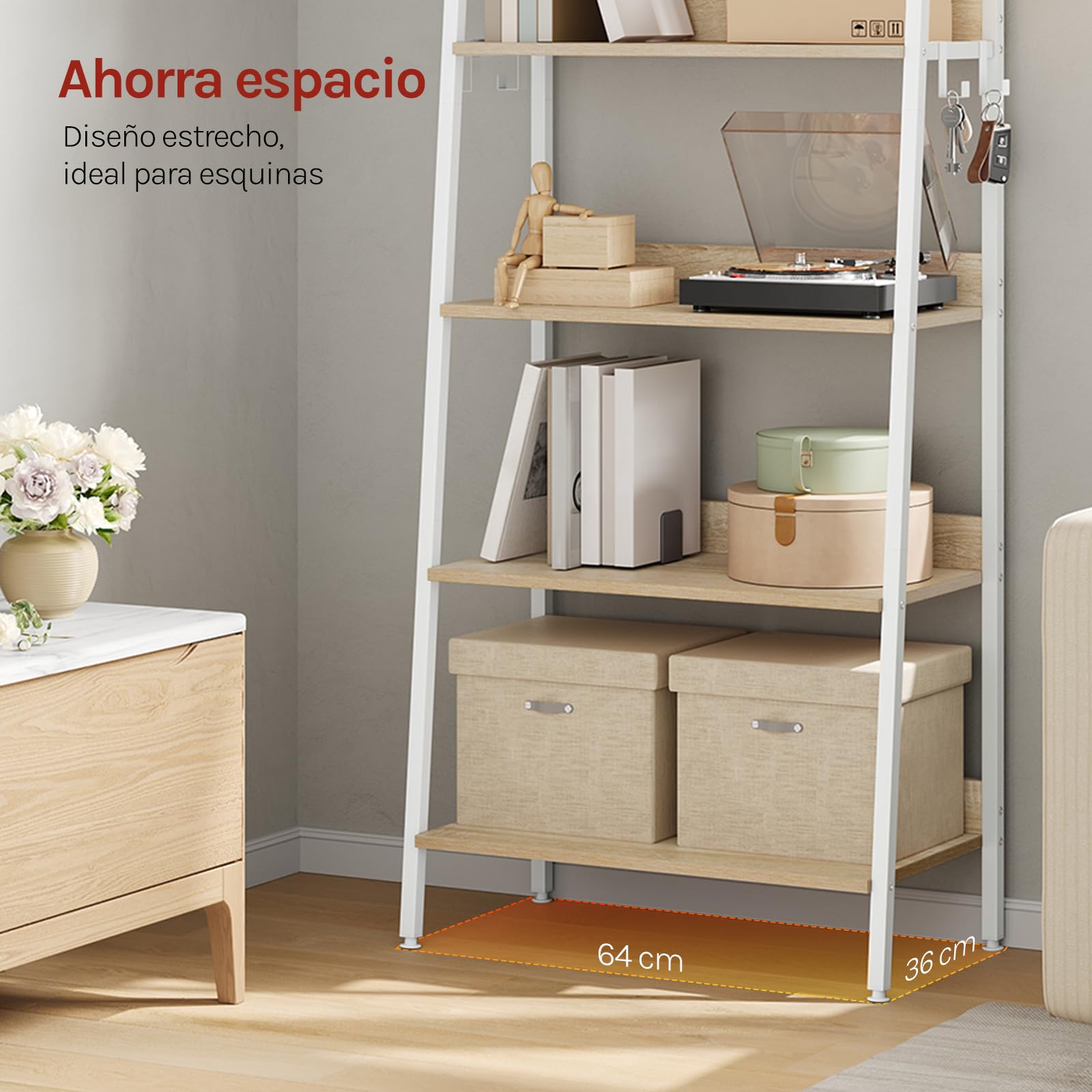 WOLTU Estantería de 6 Niveles, Estantes Madera Almacenaje, con 4 Ganchos, Estanteria Industrial para Salón, Estudio y Cocina, Marco Metálico, 64x36x187,5 cm Roble Claro + Blanco