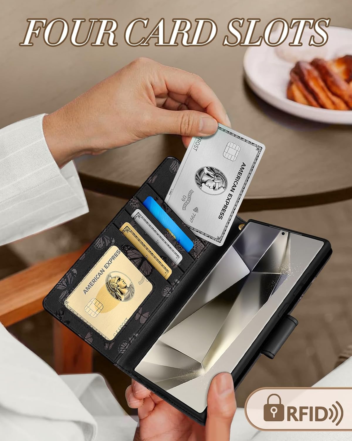 Toycamp for Samsung Galaxy S24 Ultra Wallet Case with Wrist Strap - Leather Flip Folio Phone Case with RFID Blocking 4 Card Slots Galaxy S24 Ultra Funda Cute Aesthetic for Women Lady, Black Butterfly - Image 4