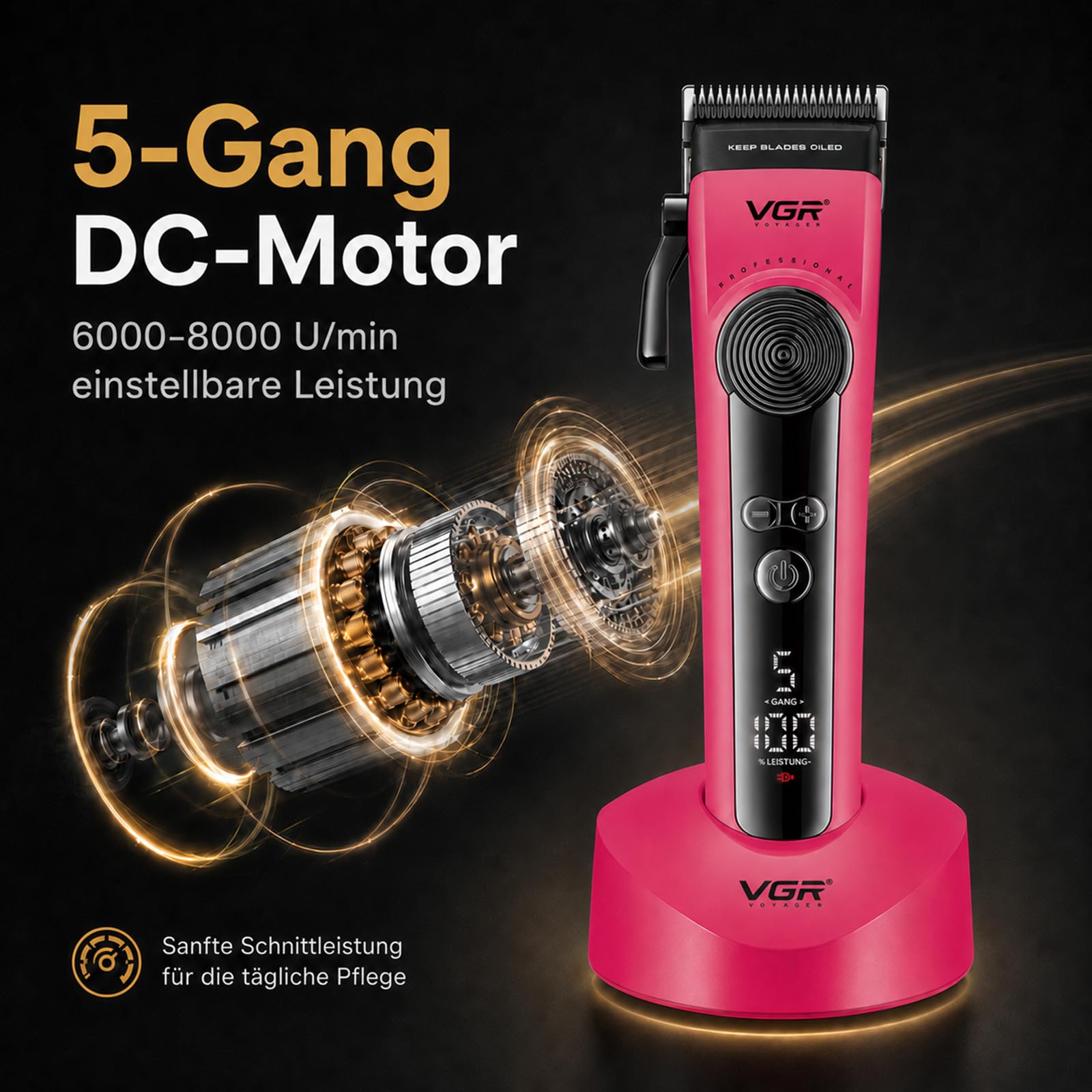 VGR 199 Haarschneidemaschine Profi Mit Einstellhebel,Geschwindigkeitsregler | Kabelloser Haarschneider Mit Ladestation, Clipper Haarschneider Mit Keramikklingen, 6 FüHrungskamm, LED-Display