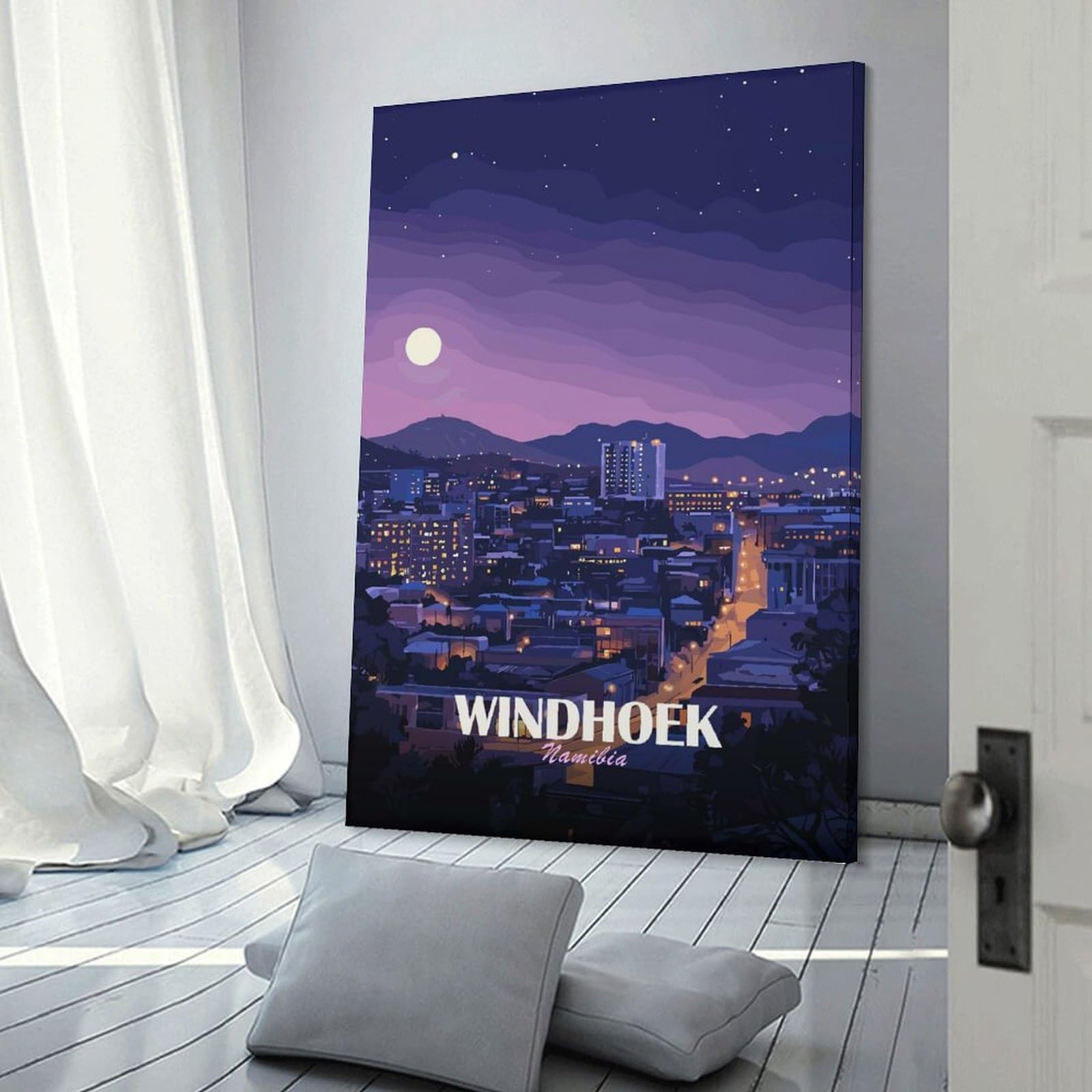 Junmoney Windhoek Namibia Cityscape at Night Hanging Wall Art, 20x30inch(50x75cm), for Lounge, Bedroom Or Personal Spaces, Gift Idea for Housewarming And Birthdays