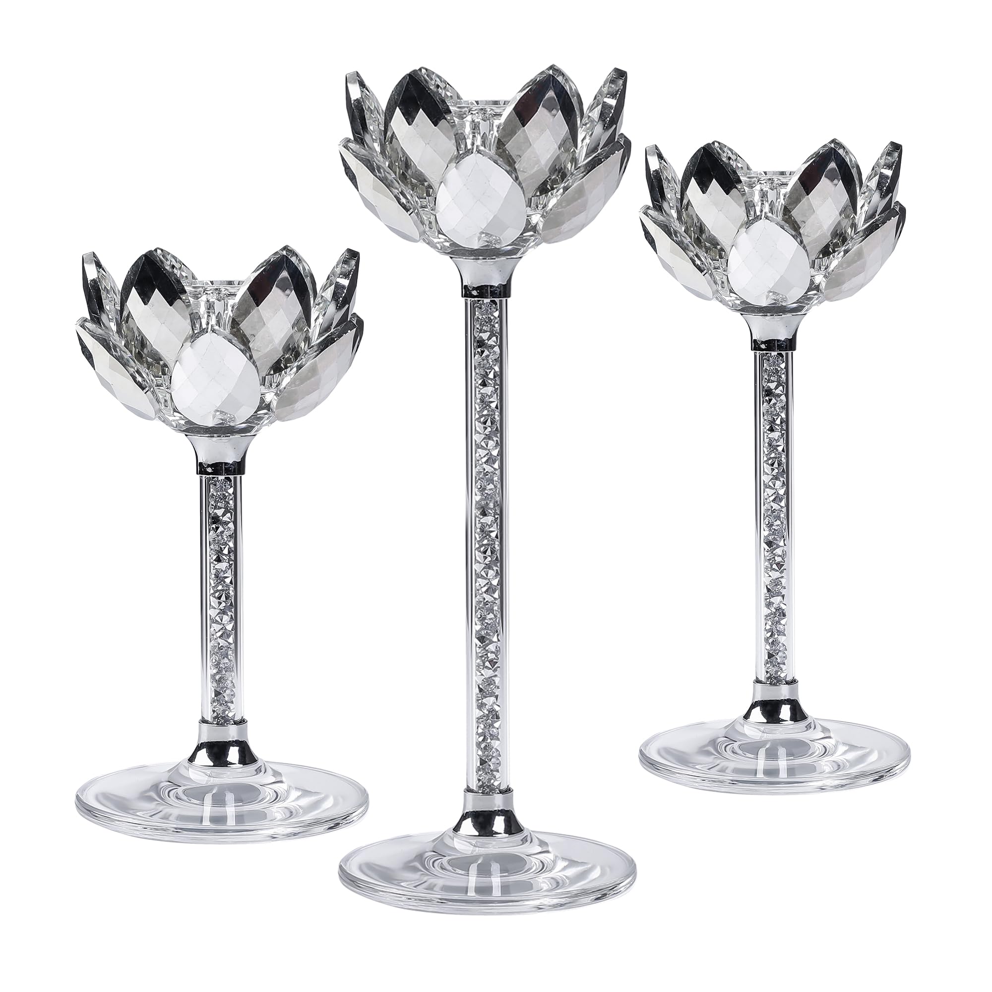 Lotus Crystal Candle Holders Set of 3 - Silver Diamond Glass for Altar, Wedding, Home Decor - Elegant Centerpiece for Christmas, Party & Daily Use (Silber)