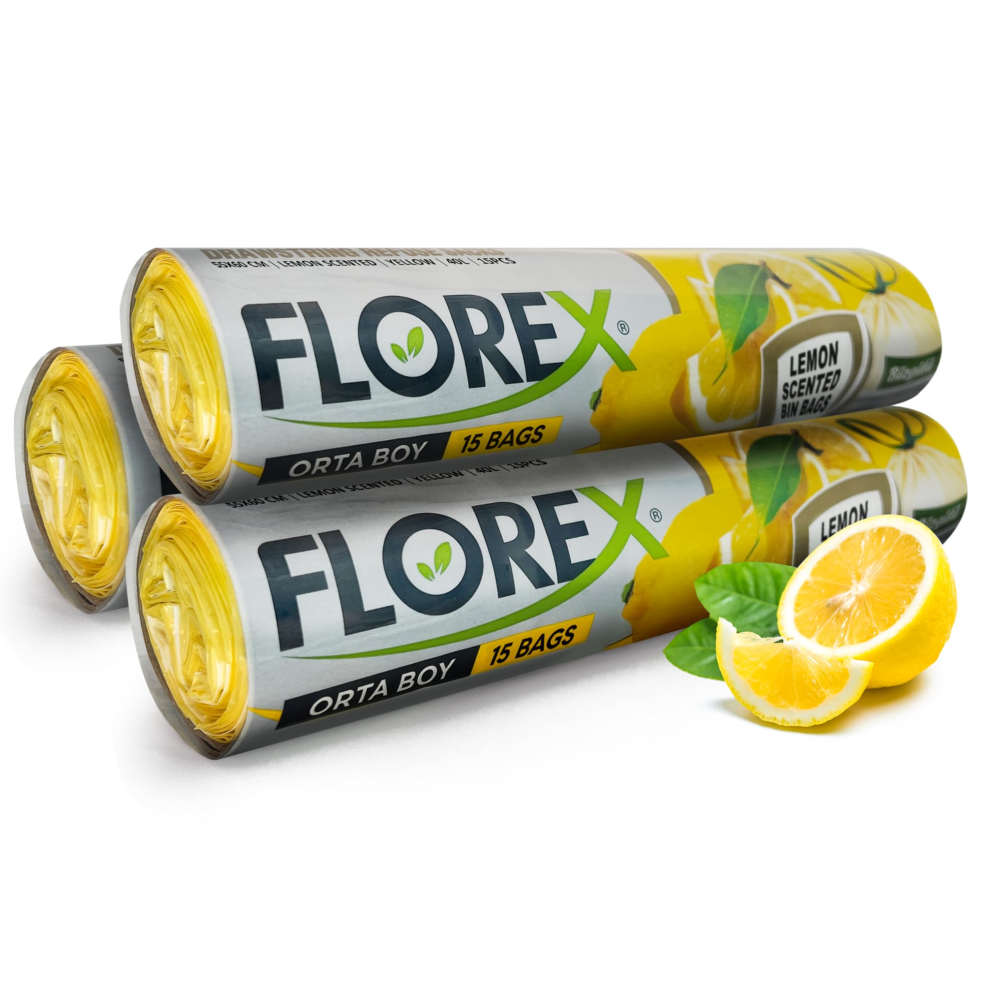 Florex Orta Boy Lemon (Yellow) 40L Bin Bags Lemon Scented Bin Liners With Drawstrings 45 Counts For Kitchen, Office, And Trash Bin Use | Plastic Rubbish Bags | 55 X 60Cm 3 Rolls