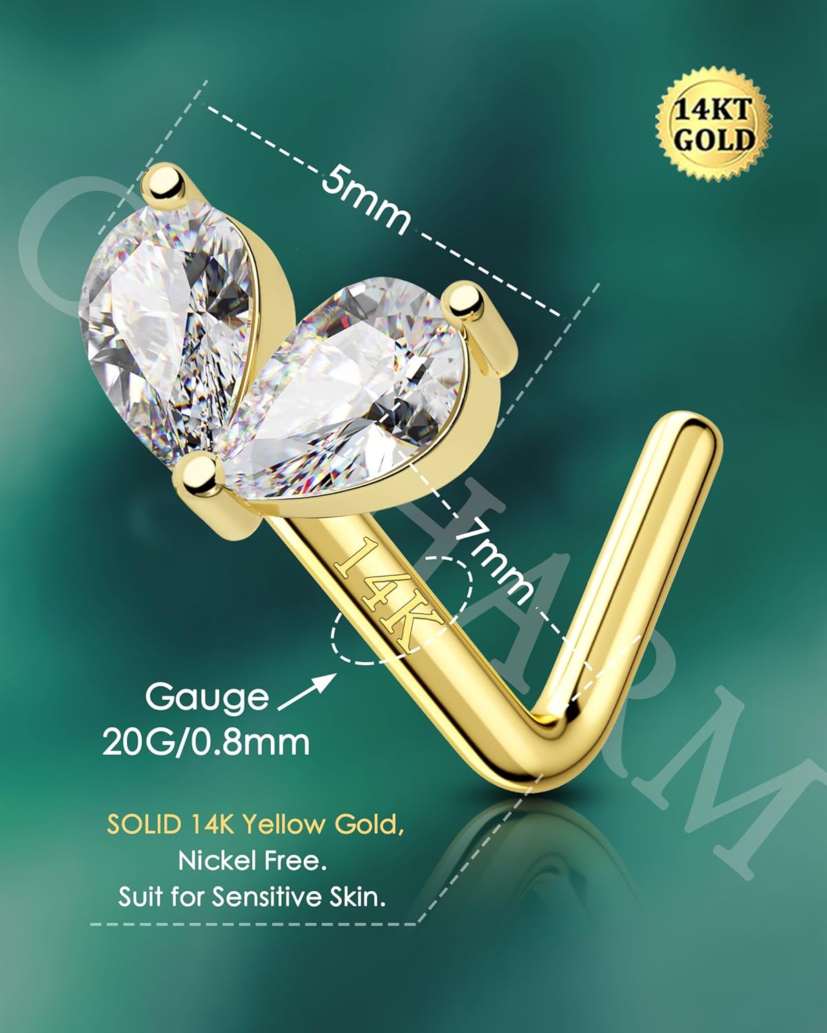 Cocharm 14K Solid Gold Flower Nose Stud - 20g Yellow Gold L Bend Nostril Stud, 7mm Long Nose Piercing, 14kt Real Gold Nose Stud with Sparkling CZ, Nickel Free