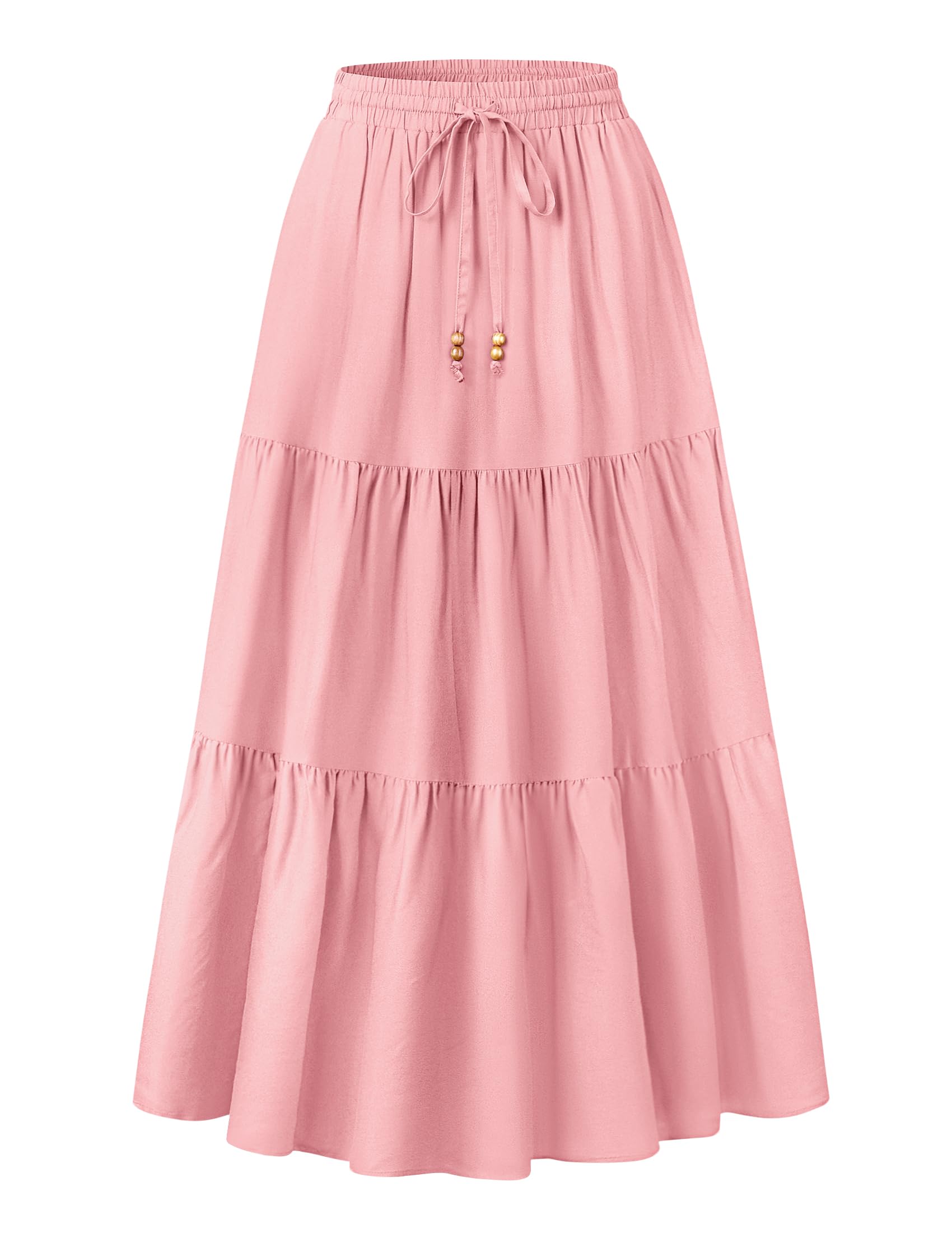 HAEOFWomen's Summer Boho Elastic High Waist Maxi Skirt A-Line Flowy Swing Ruffle Tiered Long Beach Skirts with Pockets