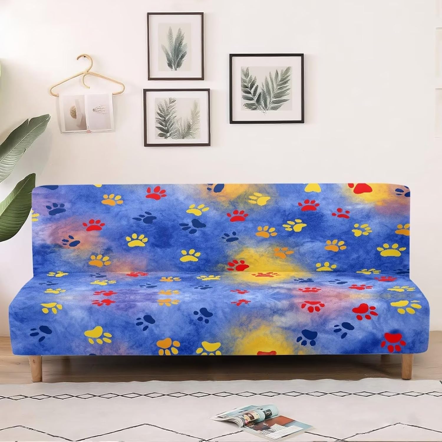 Dog Paw Tie Dye Pattern Armless Futon Sofa Slipcover, Stretchable Couch Cover Comfortable Armless Sofa Chair Covers with Elastic Edges