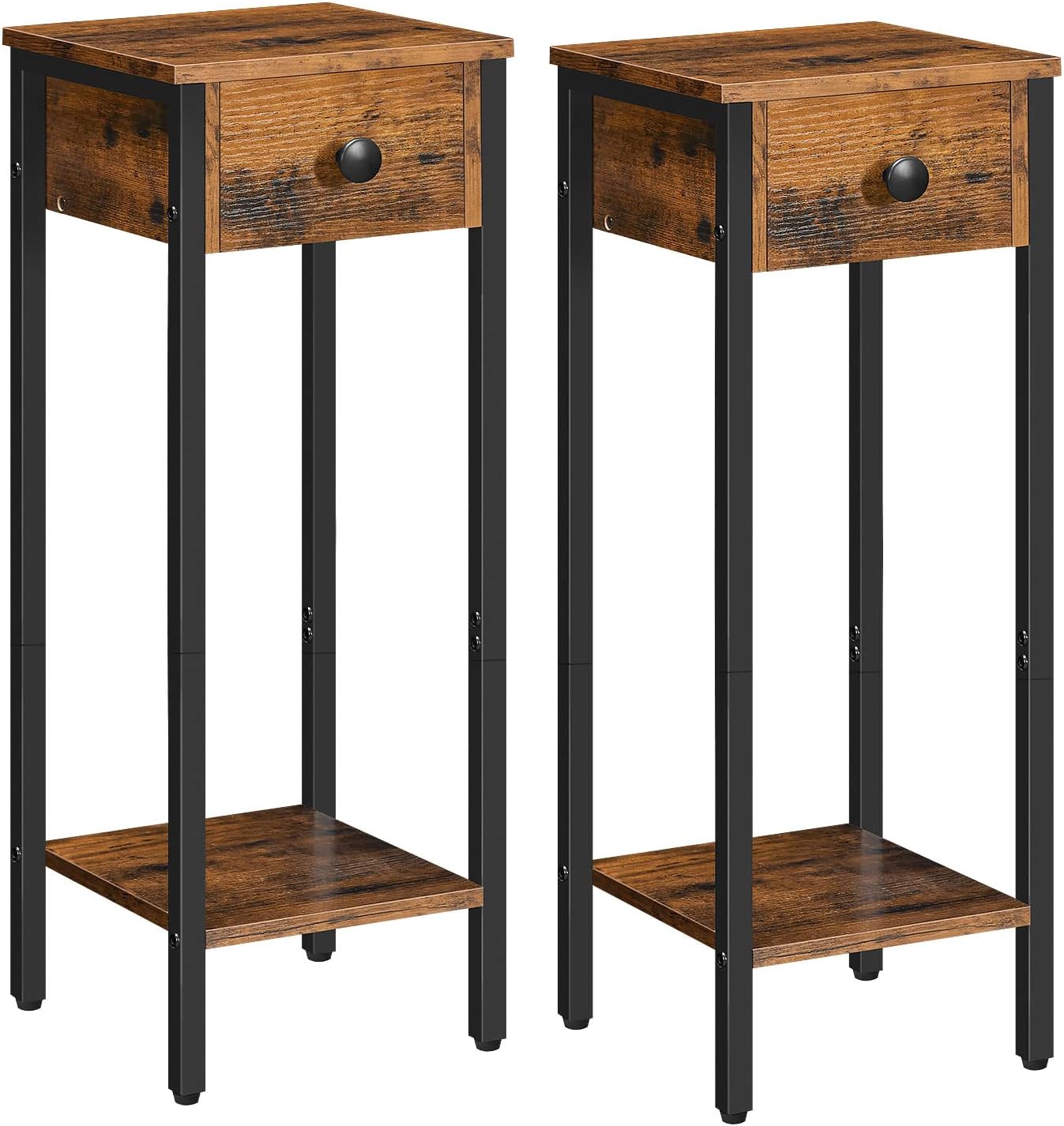 HOOBRO Slim Bedside Tables with Drawer Set of 2, Small Side Table with Metal Frame, Tall Telephone Table for Small Spaces, Narrow Nightstand, Sturdy, Rustic Brown and Black EBF77BZP201
