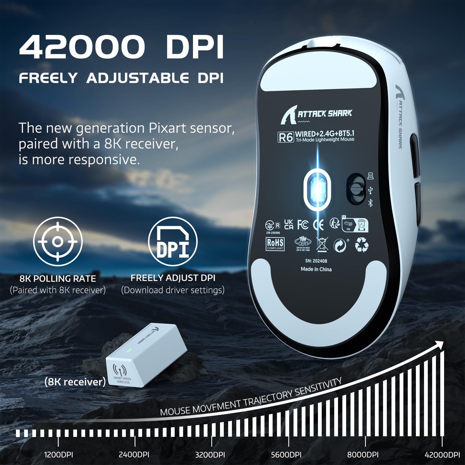 ATTACK SHARK R6 Mouse da gioco wireless 8KHz, SUPERLEGGERO 42g, Nordic 52840 MCU, sensore da gioco PixArt PAW3950MAX, BT/2.4G/Cablato, 6 DPI regolabili fino a 42000, batteria da 250mAh, PC/Mac(bianco)