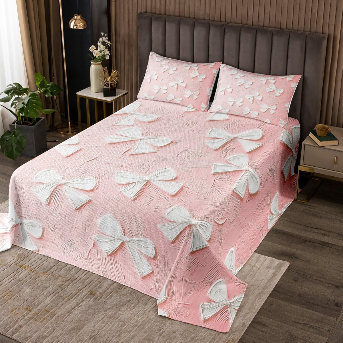 Erosebridal Pink White Bow Quilt Set Queen Coquette Bowknot Bedspread Cute Bow Tie Coverlet Set for Kids Adults,Aesthetic Oil Painting Bedding Quilted