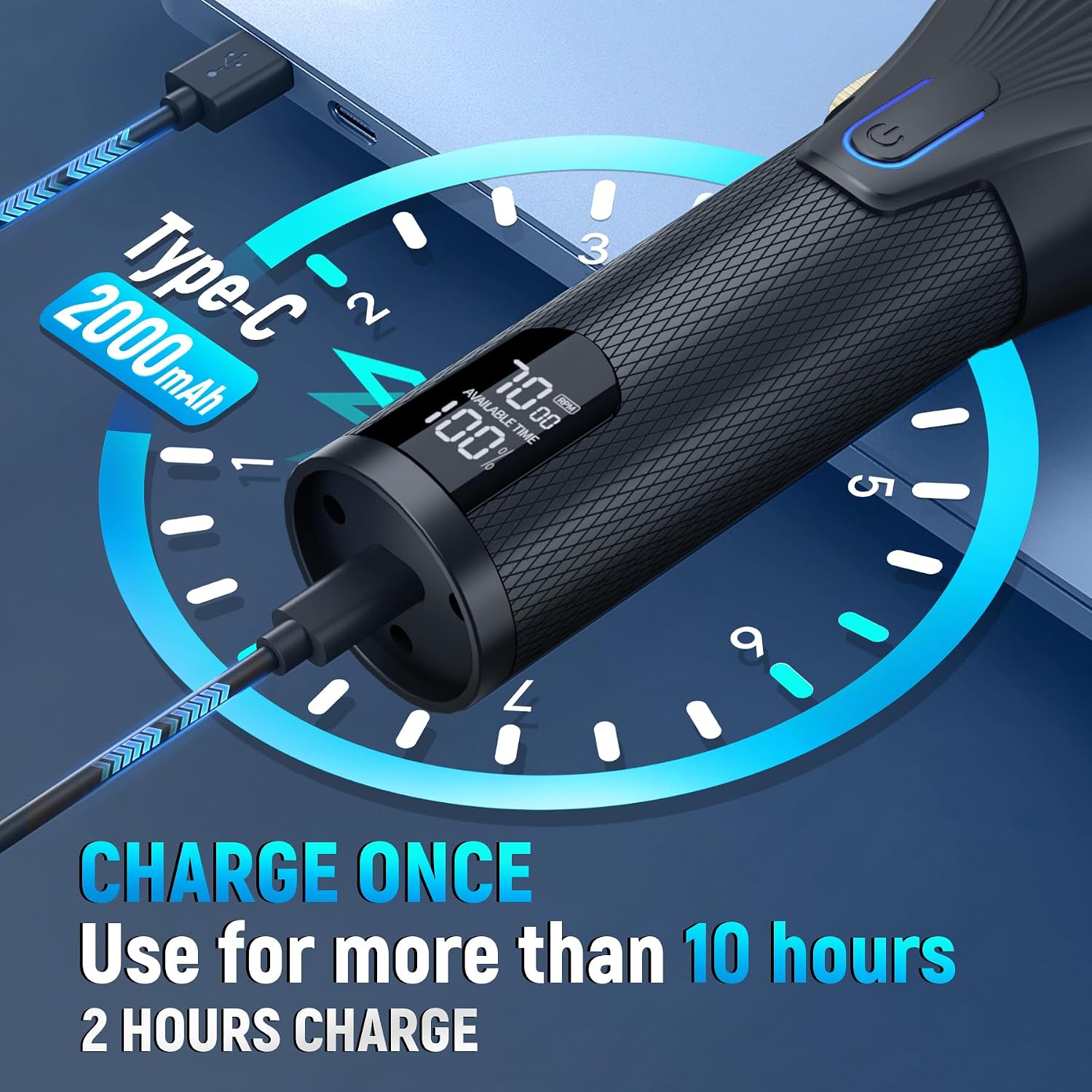 KIKIDO hair clipper with illuminated LCD display showing battery and speed