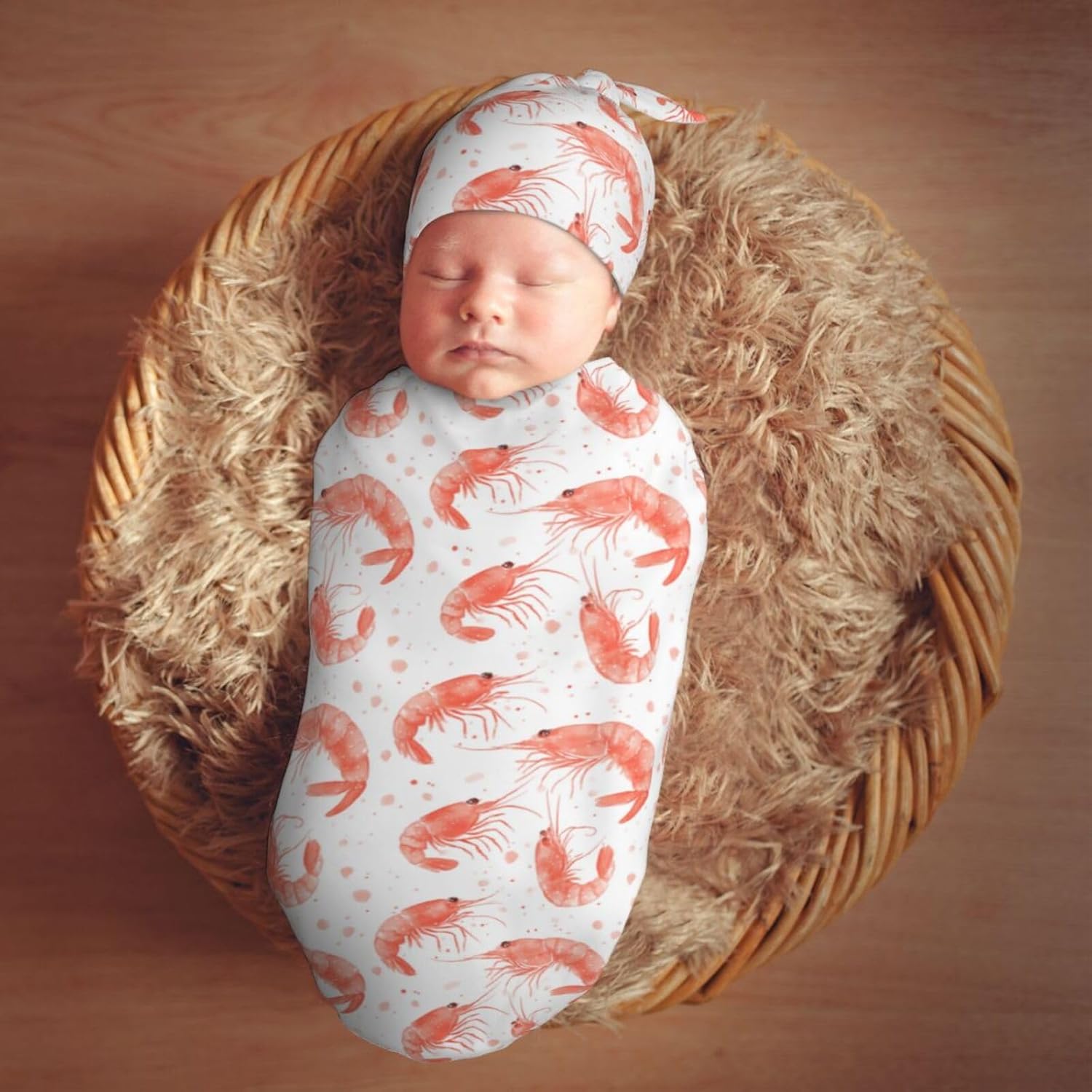 Watercolor Shrimps Newborn Swaddle Blankets Hat Sets Soft Baby Receiving Blanket Swaddle Sack for Baby Shower Infant Boy Girl Gift - Image 7