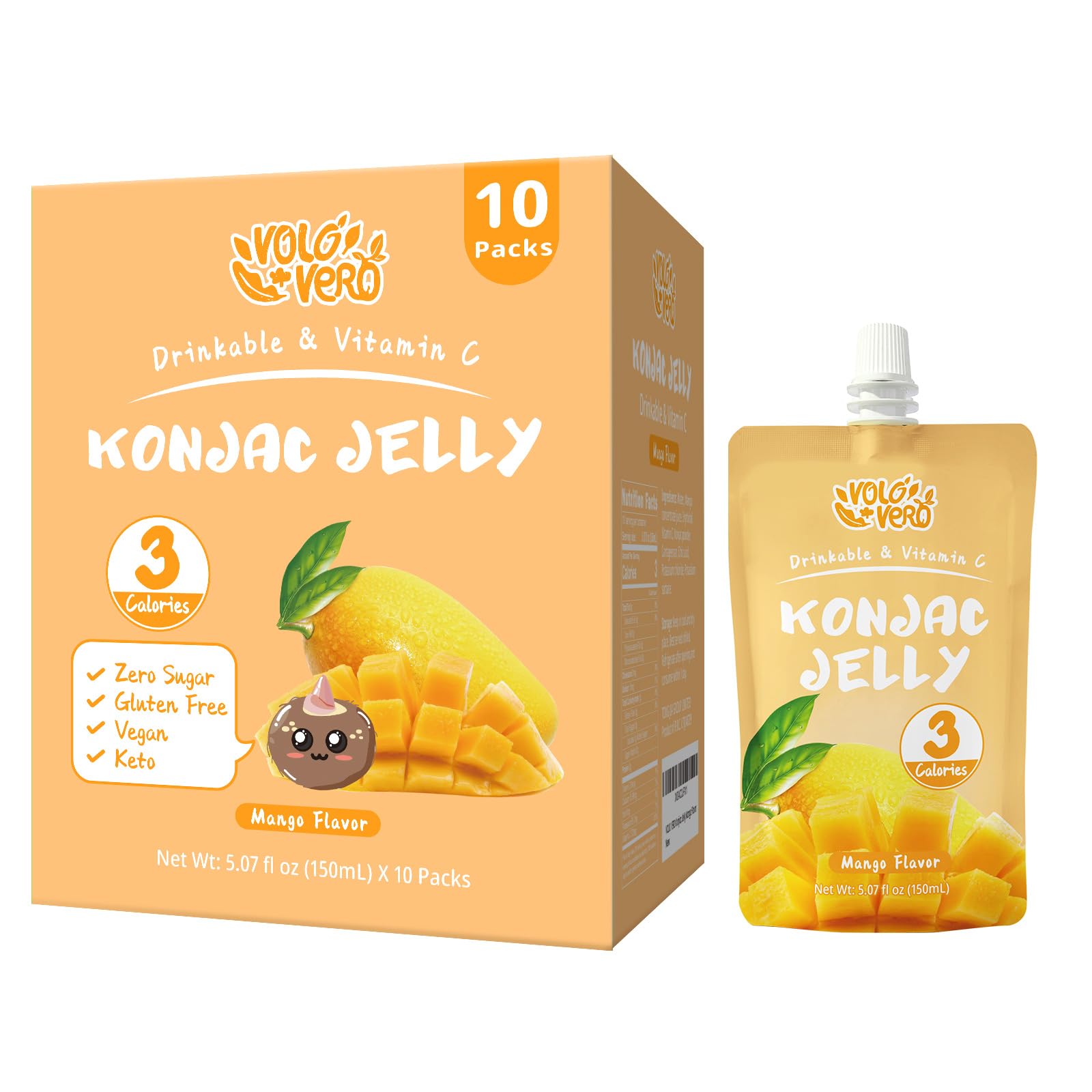 VOLO VERO Konjac Jelly Squeeze Pouch Mango Flavor, Low Calories (3 Kcal), 10 Packs, Gluten Free & Vegan, 0 Sugar, Keto, Low Carb, Drinkable Vitamin C