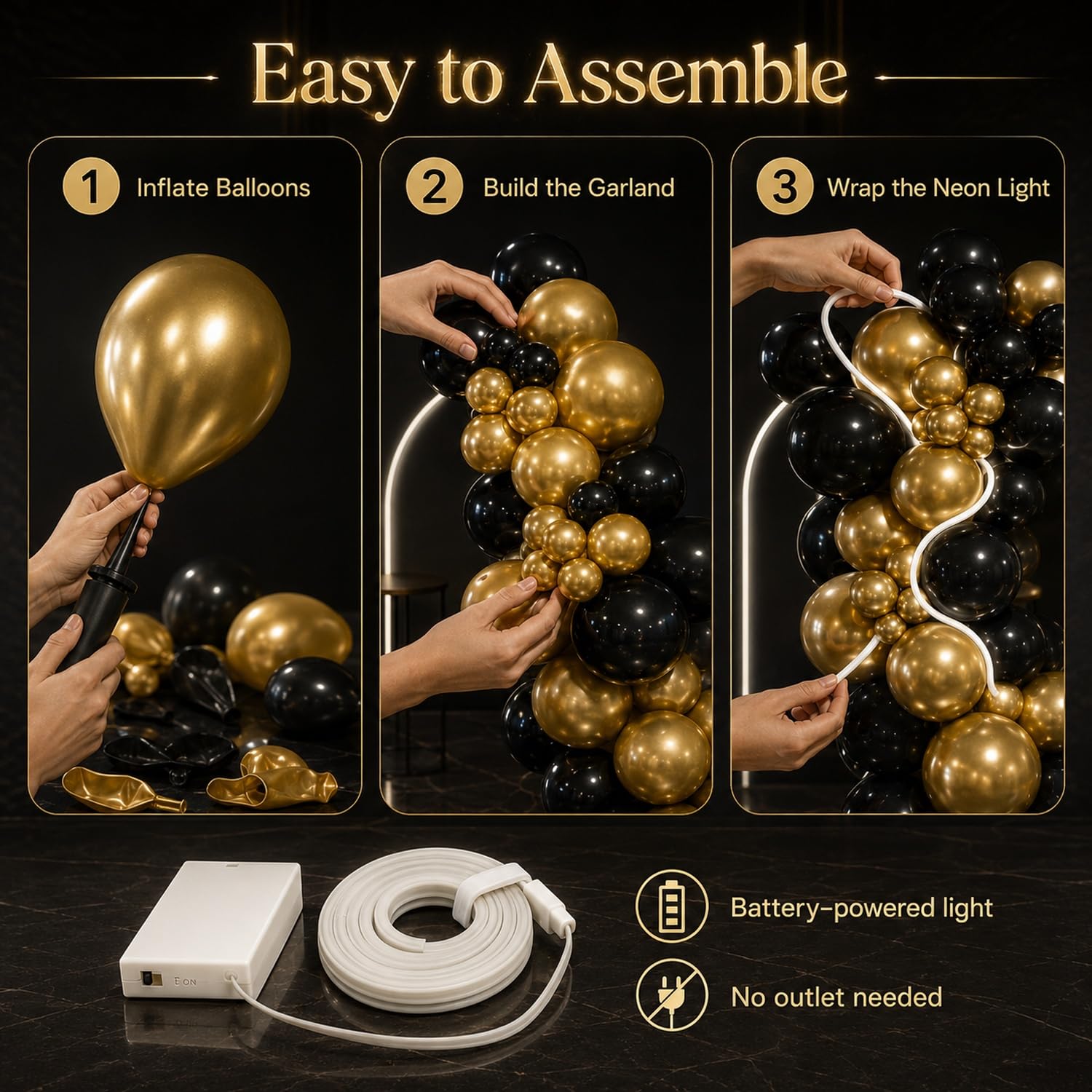 144 palloncini grandi neri e oro con striscia luminosa 45,7 cm, 25,4 cm, in lattice, per compleanno, pensionamento, matrimonio, Capodanno, laurea, baby shower, feste di sfondo, decorazioni