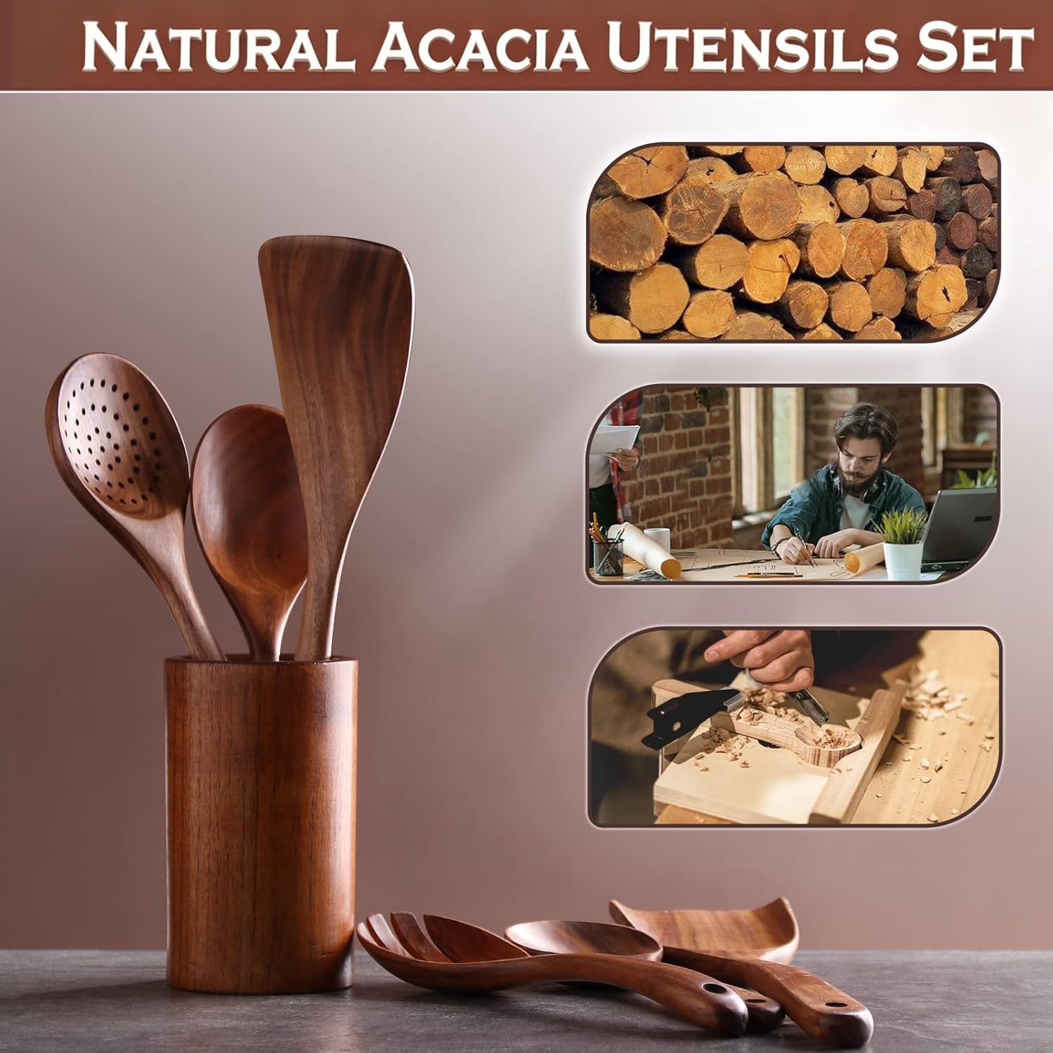 Set di 10 cucchiai in legno di teak – Superficie liscia