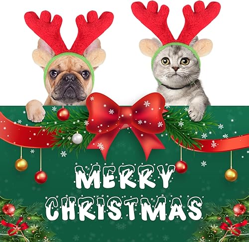 Miniatura 2 de BWOGUE Juego de diadema de cuernos de reno de Navidad para perro y bufanda de rayas rojas, blancas y verdes, disfraz de Navidad para mascotas,