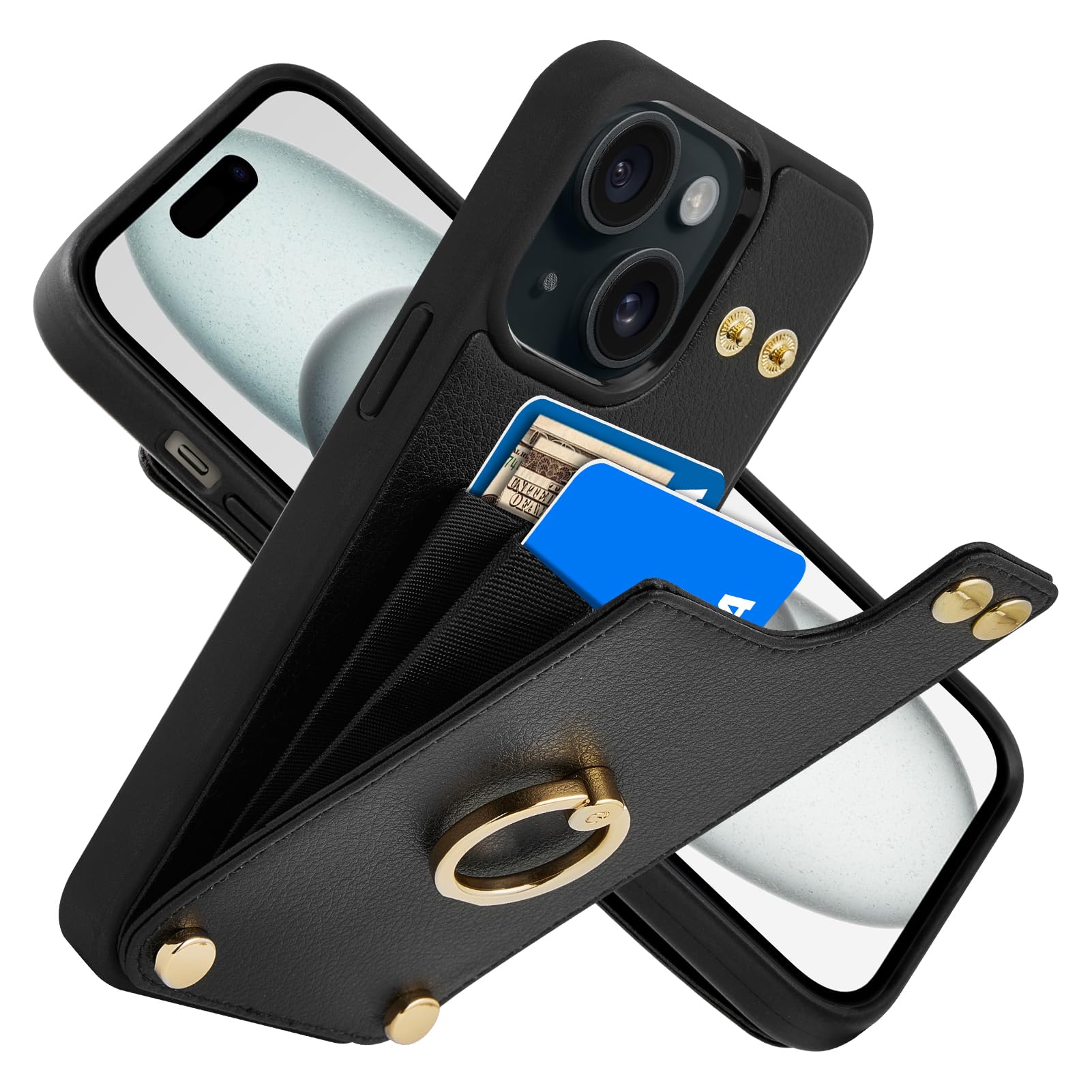 CUSTYPE for iPhone 14 Plus Case, Microfiber Leather Case for iPhone 14 Plus with Card Holder, 360° Rotation Ring Kickstand, RFID Blocking Wallet Case for Apple iPhone 14 Plus Black 6.7''
