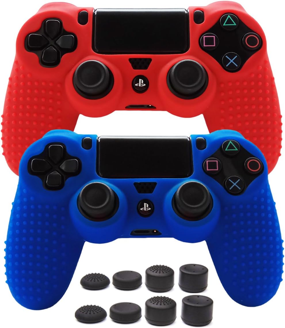 Pandaren PS4 Controller Grips, Studded Anti-Slip Silicone Cover Skin Set Compatible for PS4 /Slim/PRO Controller(Skin x 2 + FPS PRO Thumb Grips x 8)(Red,Blue)