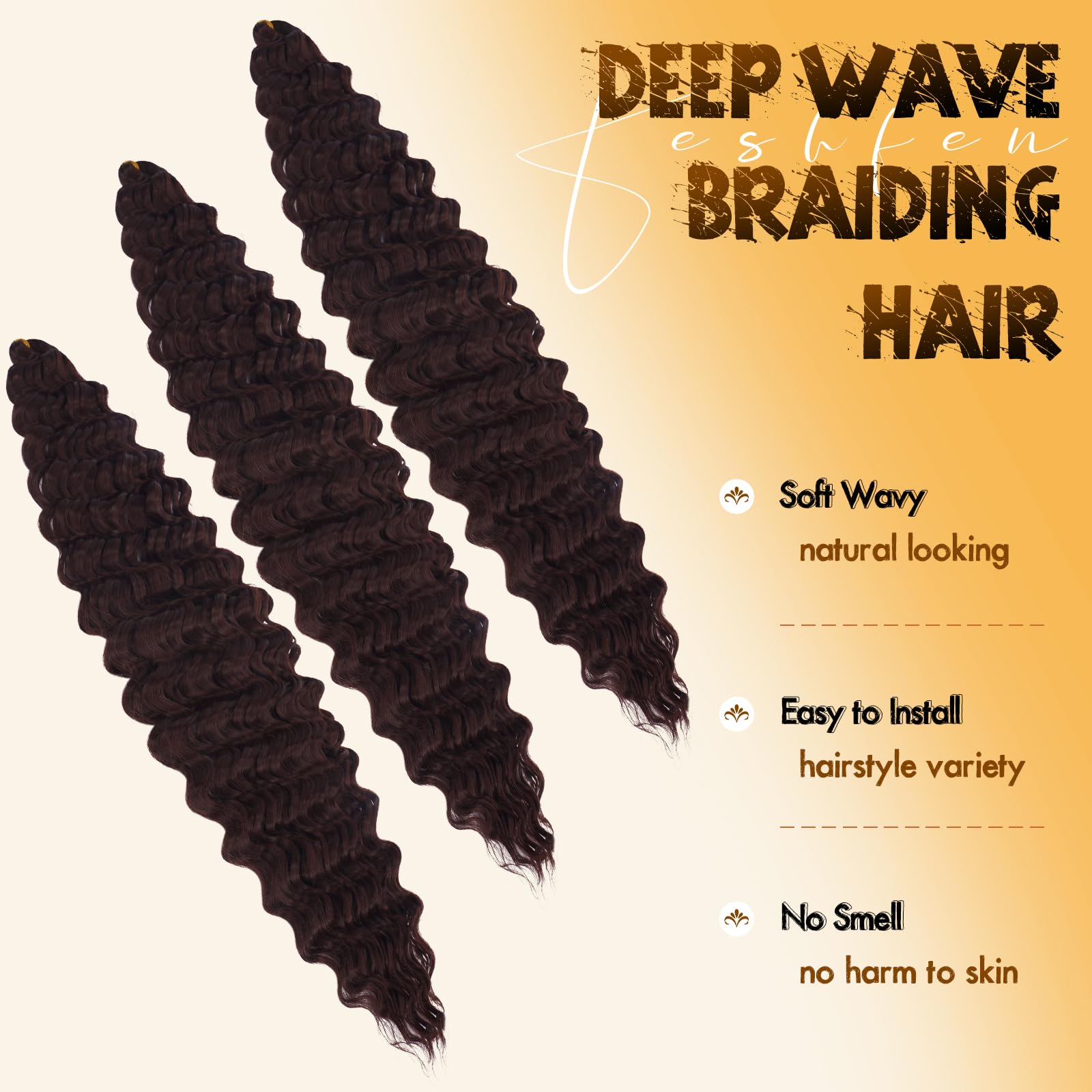 FESHFEN Ocean Wave Crochet Hair extension - 3 Pezzi Estensioni Capelli per Treccine a Onde Sintetici Ondulati Braiding Trecce Boho Posticci Extensions per Donne, 55 cm Castano