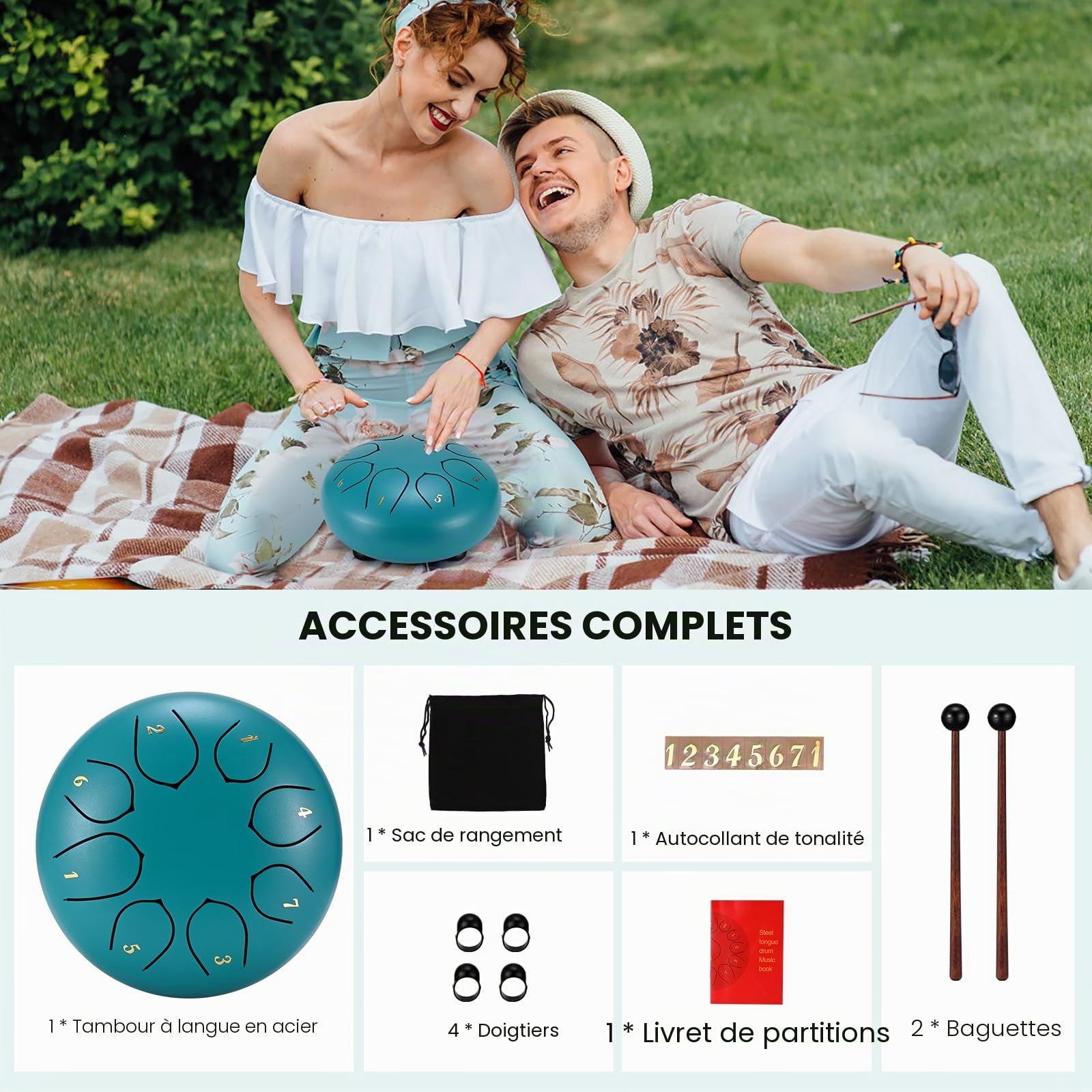 Steel Tongue Drum, 6 Pouces 8 Tons Handpan Drum, Mini Tambour à Langue Handpan Instrument, Percussion Steel Drum pour Méditation, Yoga, Performances, Education (bleu lac)