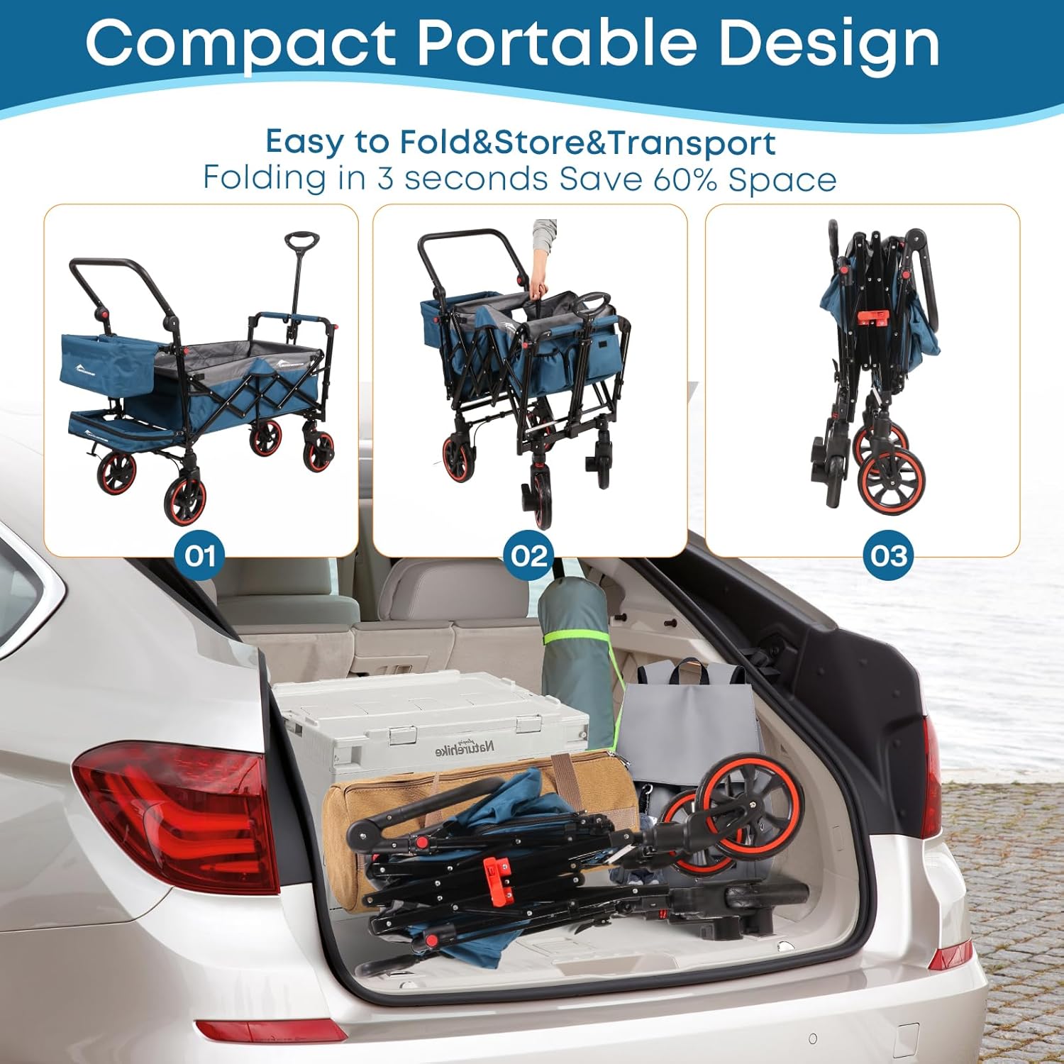 Collapsible Canopy Wagon,Large Capacity Trolley, Foldable Portable Cart with Canopy, Adjustable Push/Pull Handle, Shock-Absorbing Wheels, Suitable for Shopping,Traveling-G